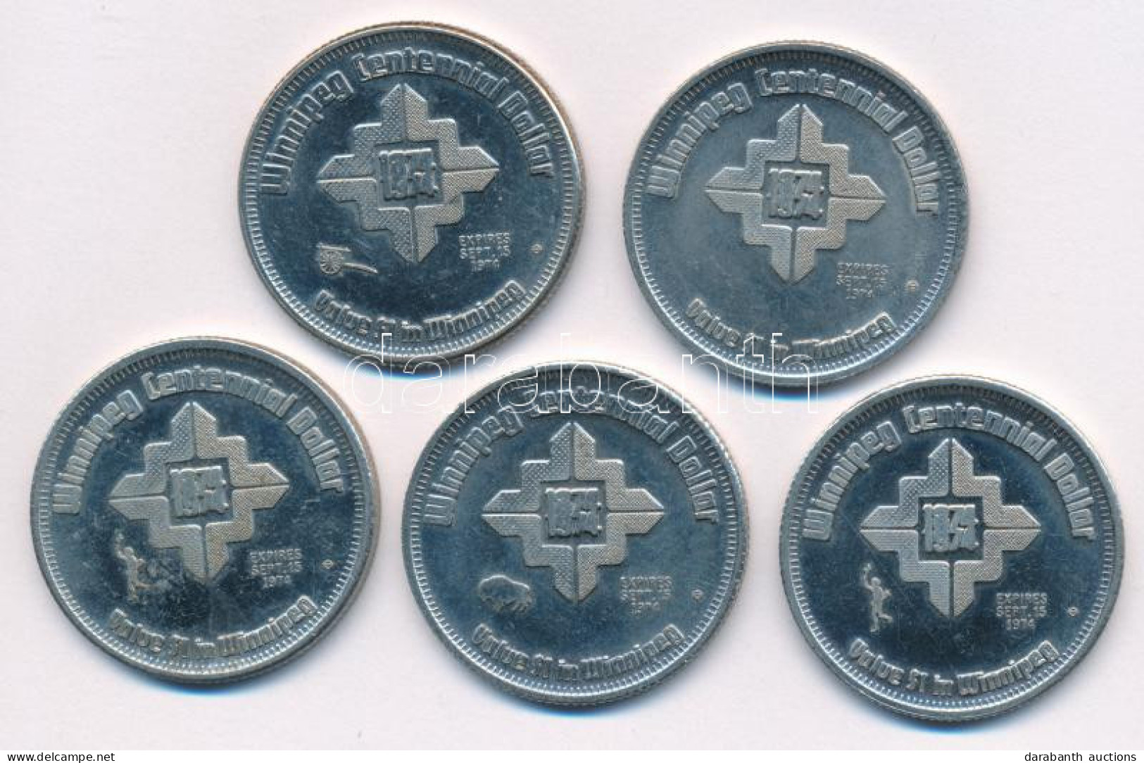 Kanada / Winnipeg 1974. 1D Cu-Ni "Winnipeg Centennial Dollar / Value $1 In Winnipeg" (5x) T:AU,XF Canada / Winnipeg 1974 - Ohne Zuordnung