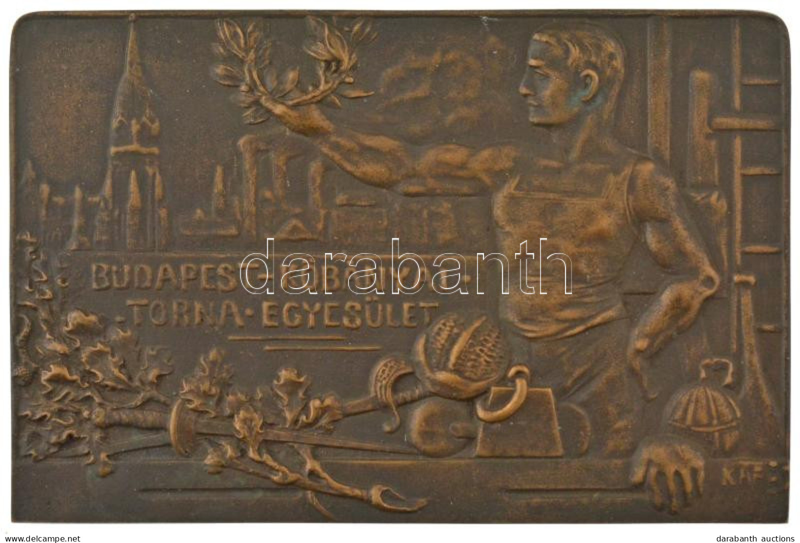 ~1922(?) "Budapest-Kőbányai Torna Egyesület" Nagyméretű, Egyoldalas, Bronz Lemezplakett. Szign.: Kapás (201x132mm) T:AU - Non Classés