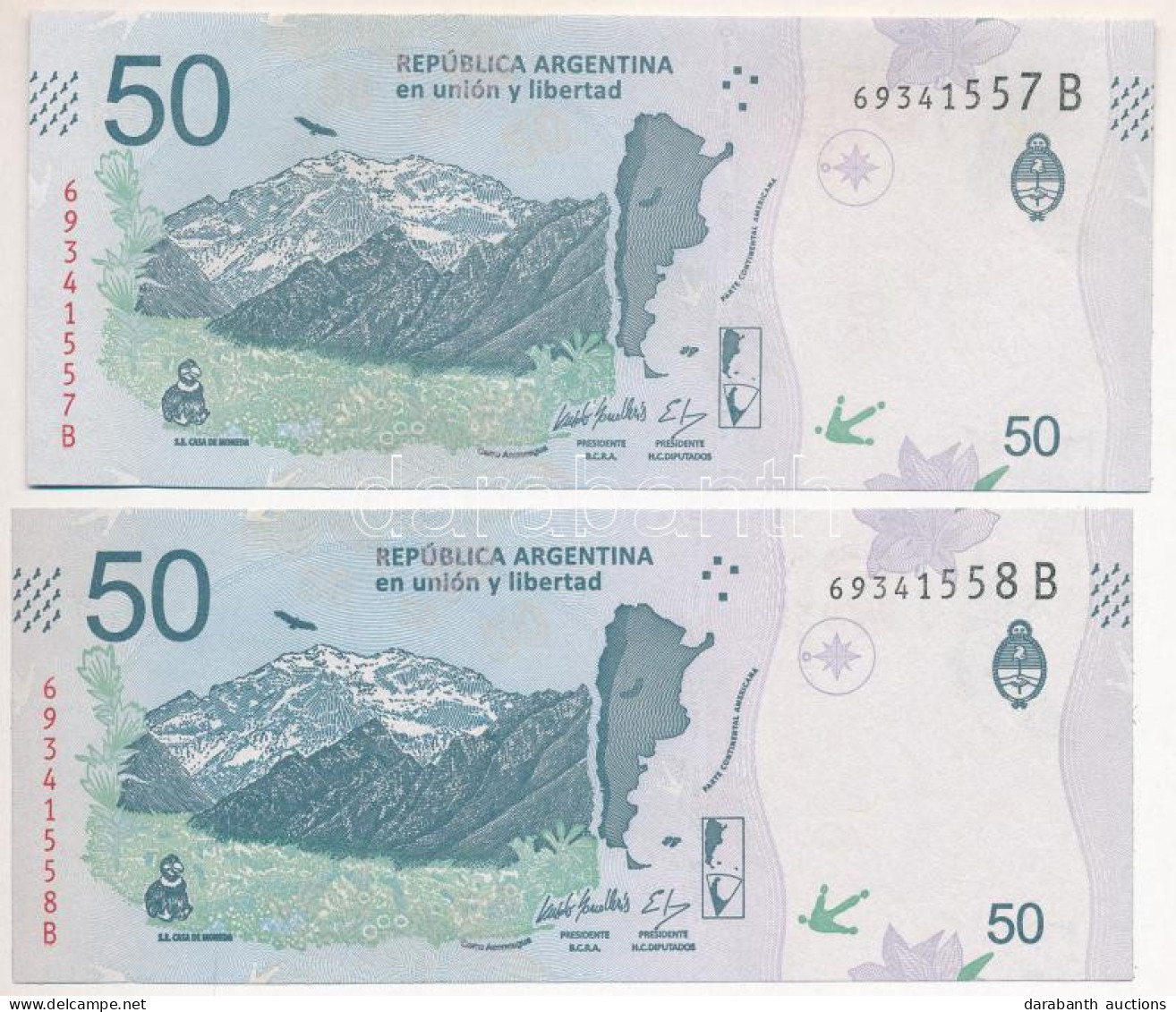 Argentína DN (2018-2020.) 50P (2db) Sorszámkövető T:UNC,AU Egyiken Fo. Argentina ND (2018-2020.) 50 Pesos (2pcs) Consecu - Ohne Zuordnung