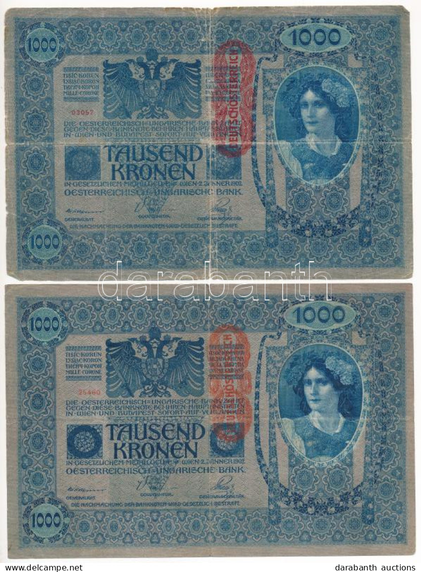 Ausztria 1919. (1902) 1000K, Piros Függőleges "DEUTSCHÖSTERREICH" Felülbélyegzéssel, Mindkét Oldala Német (2x) T:F,VG Sz - Unclassified