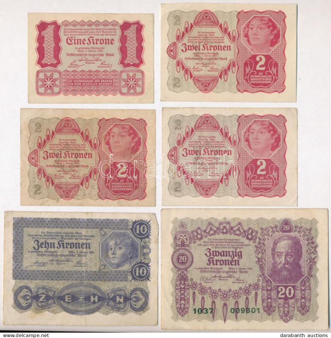 Ausztria 1922. 1K + 2K (3x) + 10K + 20K T:VF,F Austria 1922. 1 Krone + 2 Kronen (3x) + 10 Kronen + 20 Kronen C:VF,F - Zonder Classificatie