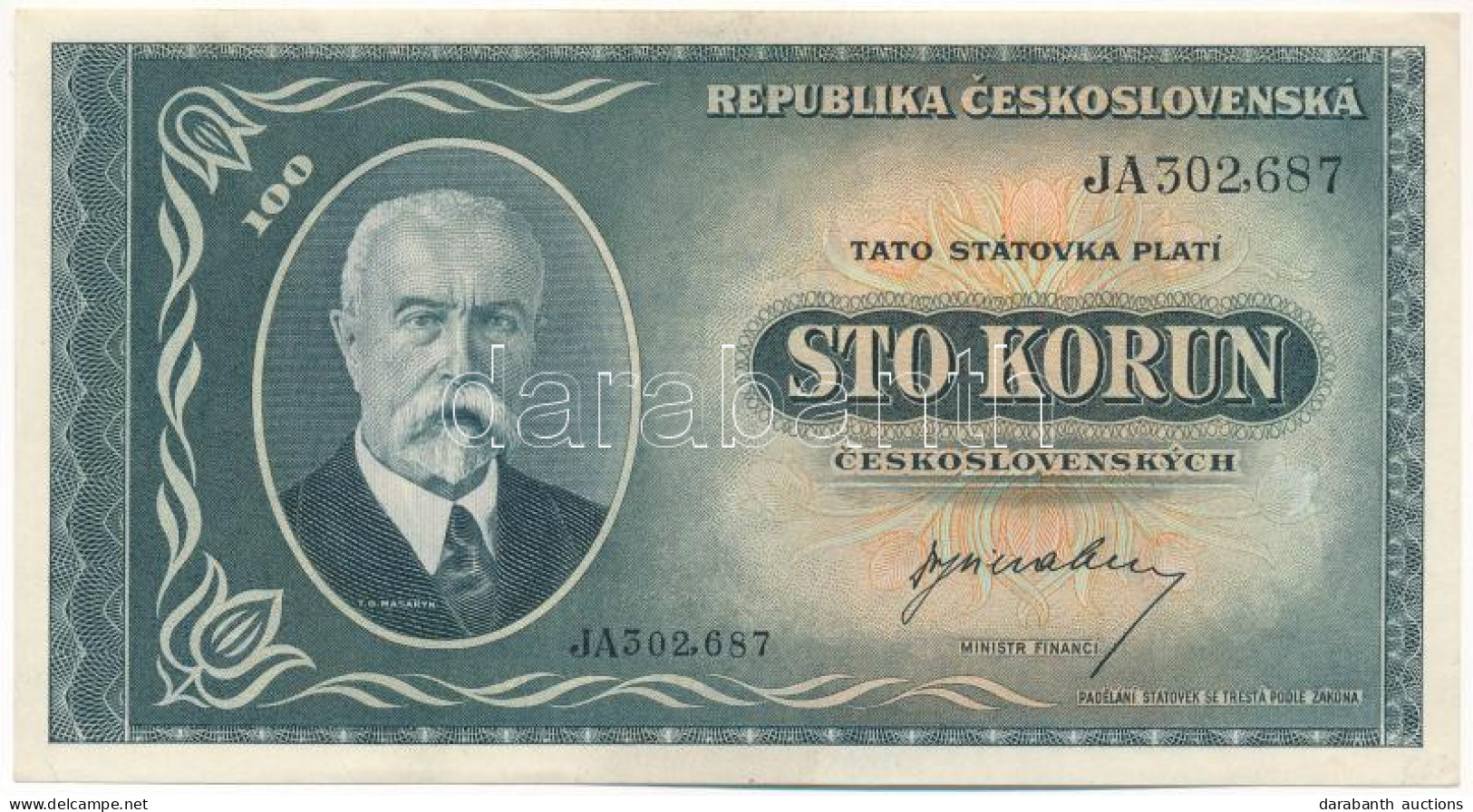 Csehszlovákia 1945. 100K "JA302,687" T:UNC,AU Czechoslovakia 1945. 100 Korun C:UNC,AU Krause P#63 - Zonder Classificatie