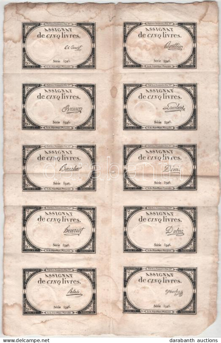 Franciaország 1793. 5L "Assignata" 5346-os Sorozatszámmal, Vízjeles Papíron, Szárazpecséttel, 10-es ívben, Mindegyik Más - Unclassified