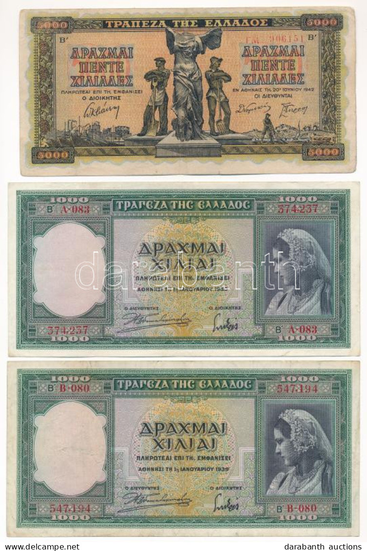 Görögország 1939. 1000Dr (2x) + 1942. 5000Dr T:F Greece 1939. 1000 Drachmai (2x) + 1942. 5000 Drachmai C:F - Zonder Classificatie