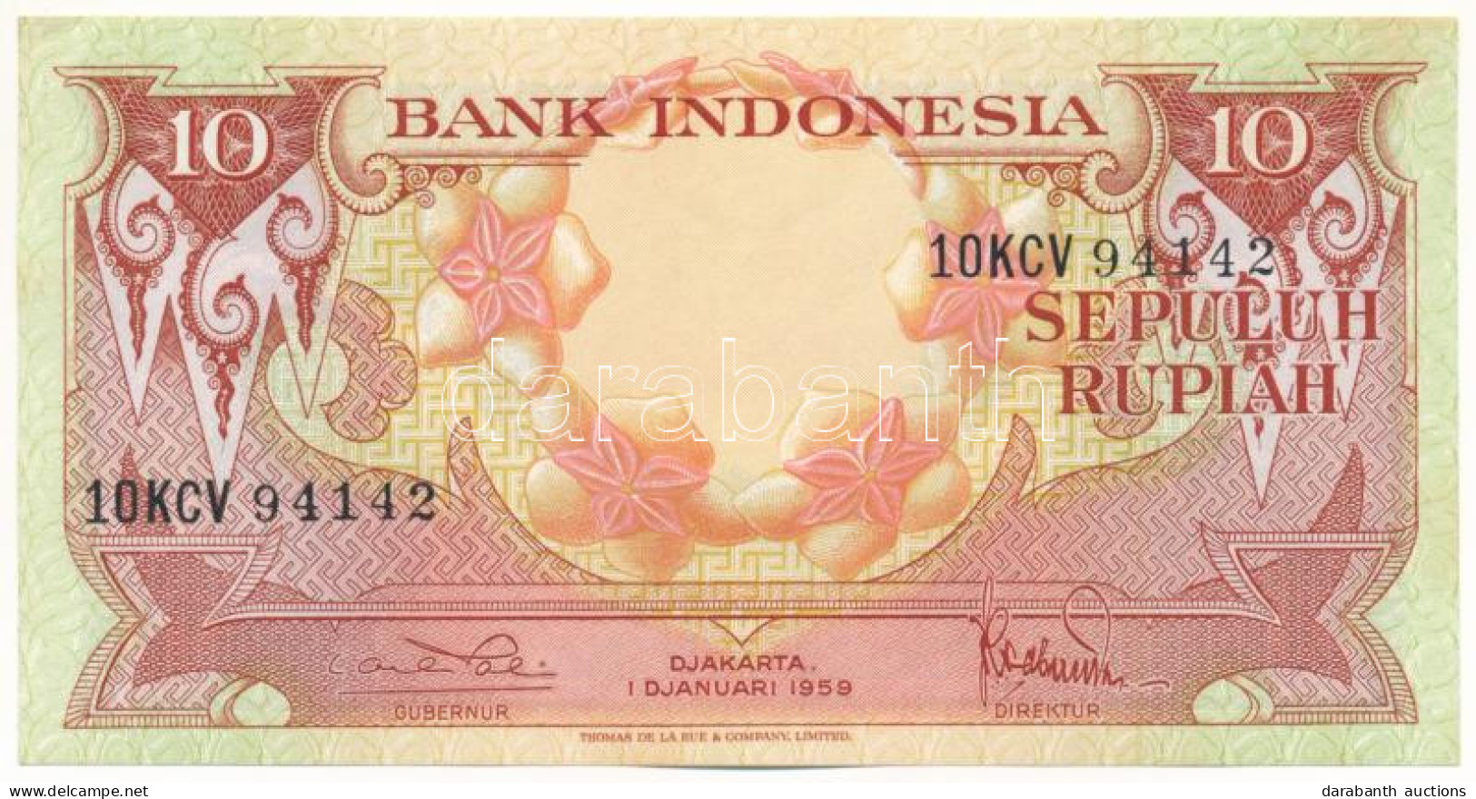 Indonézia 1959. 10R "'10KCV 94142" T:AU  Indonesia 1959. 10 Rupiah "10KCV 94142" C:AU  Krause P#66 - Non Classés