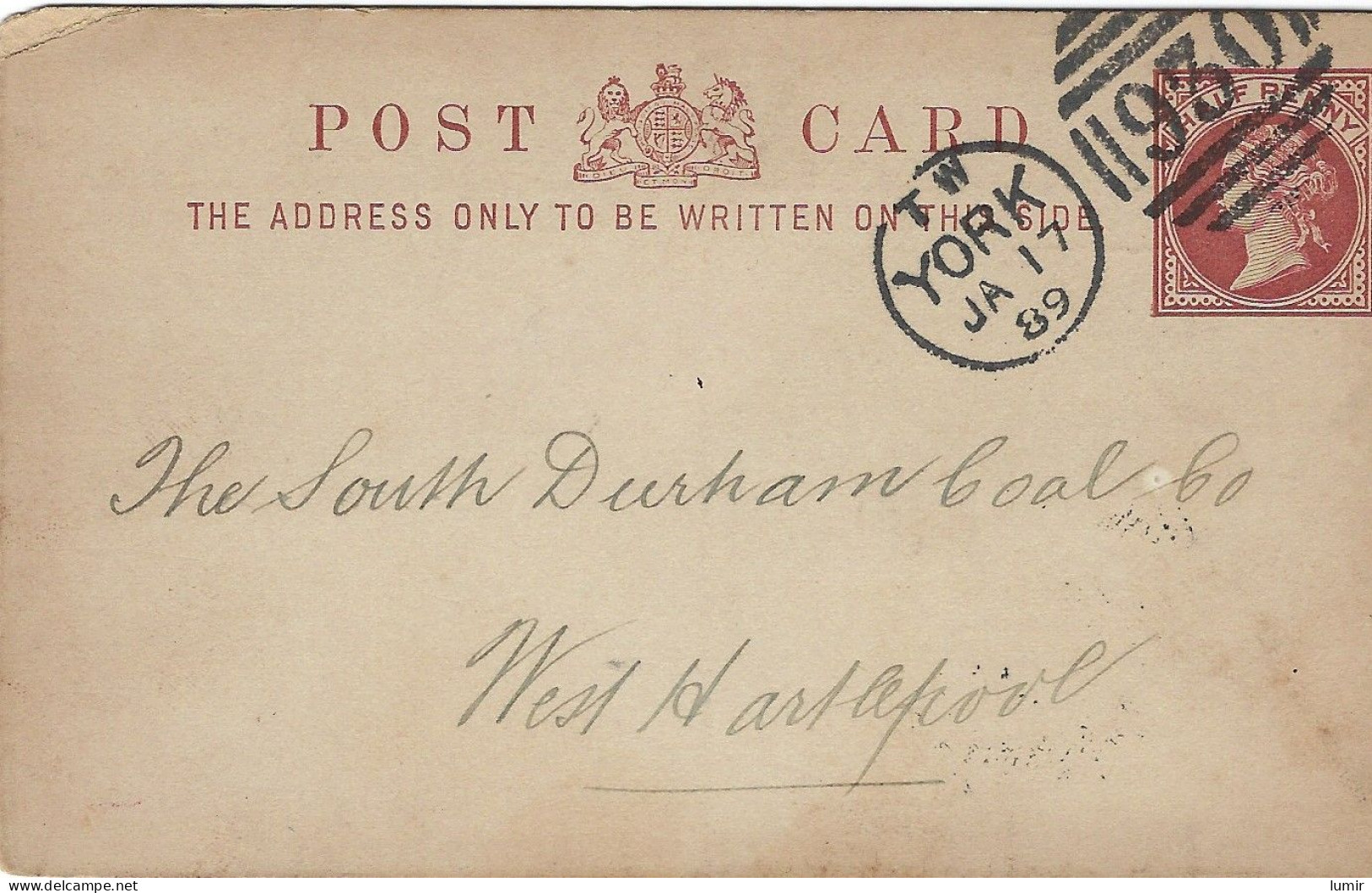 Oblit 930. GREAT BRITAIN QUEEN VICTORIA YORK JA 171889 HALF PENY POST CARD - Briefe U. Dokumente