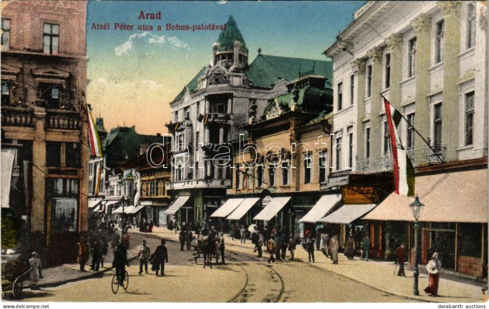 T3 1919 Arad, Atzél Péter Utca, Bohus Palota, Magyar Zászló, Fehér Kereszt Szálloda. Kerpel Izsó Kiadása / Street, Hotel - Ohne Zuordnung