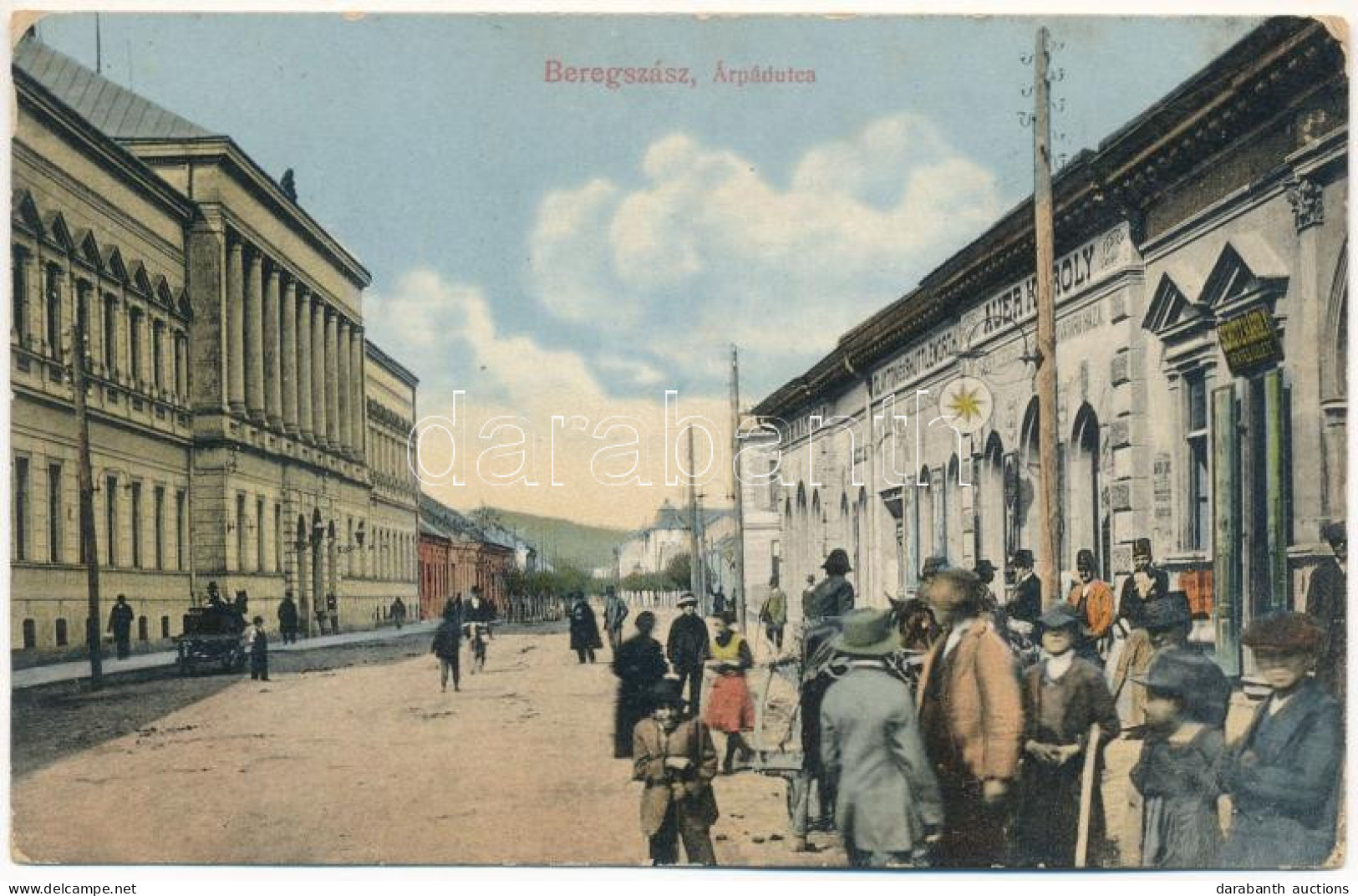 T2/T3 1915 Beregszász, Beregovo, Berehove; Árpád Utca, Schutz Károly, Auer Károly Clayton és Shuttleworth üzlete. Farkas - Ohne Zuordnung