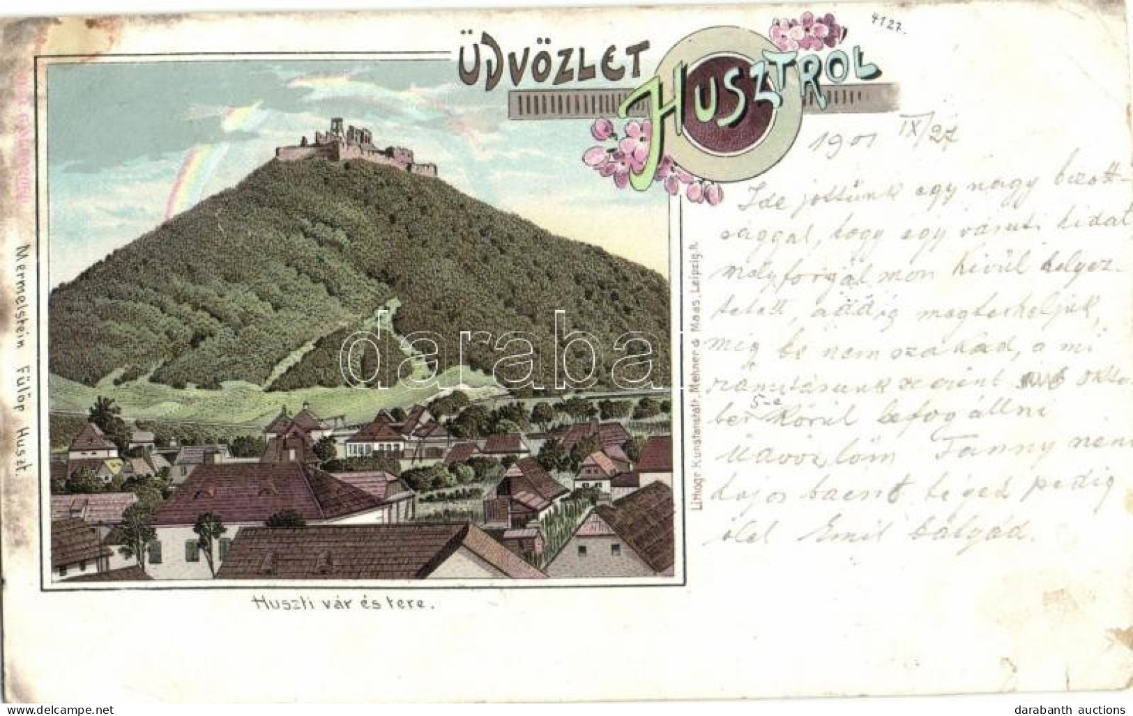 * T4 Huszt, Chust; Vár. Mermelstein Fülöp Kiadása 4127. / Castle And Square. Floral, Litho (vágott / Cut) - Sin Clasificación