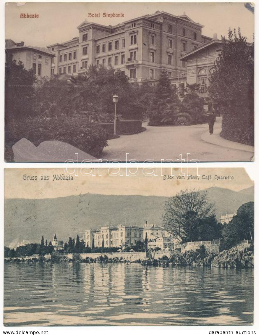 * T2/T3 Abbazia, Opatija; Hotel Kronprinzessin Stephanie, Café Quarnero - 2 Pre-1910 Postcards / Szálloda és Kávéház - 2 - Sin Clasificación