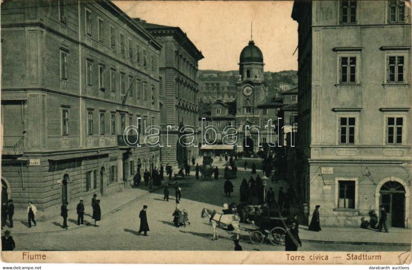 * T2/T3 1907 Fiume, Rijeka; Torre Civica, Via Del Porto, Via Del Lido / Stadtturm / City Tower, Streets, Shops (small Te - Ohne Zuordnung