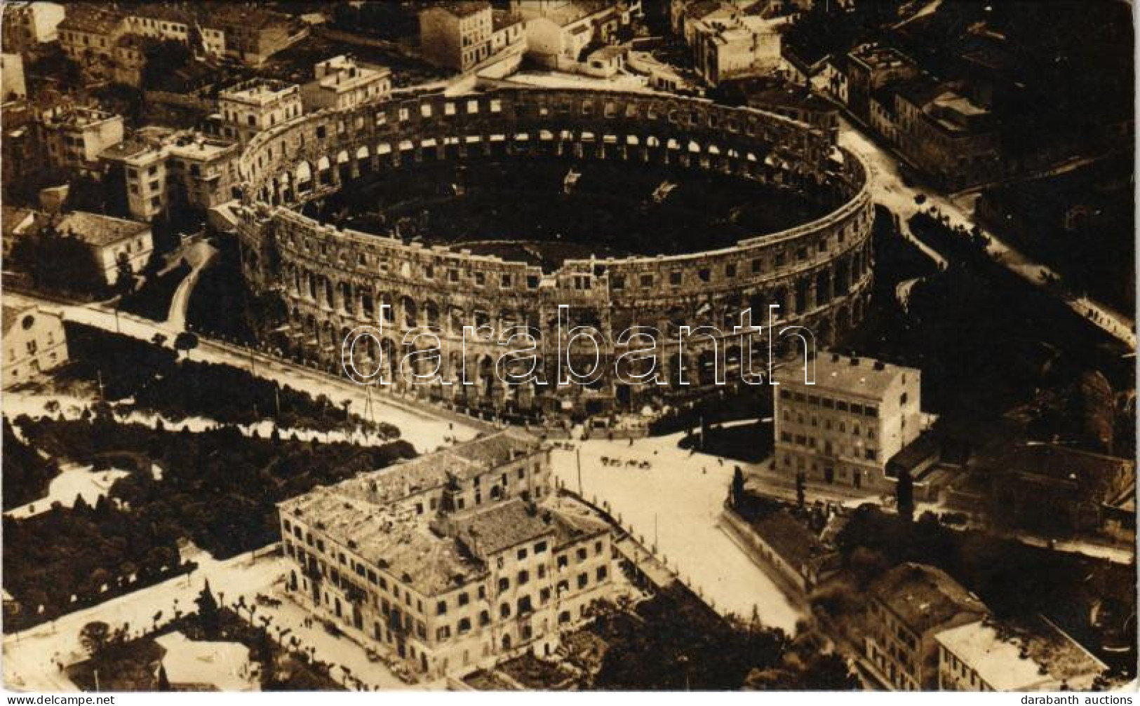 T2/T3 1917 Pola, Pula; Arena Aus Vogelperspektive / Amfiteátrum / Amphitheatre + "Telegraphenbureau Der K.u.k. Kriegsmar - Ohne Zuordnung