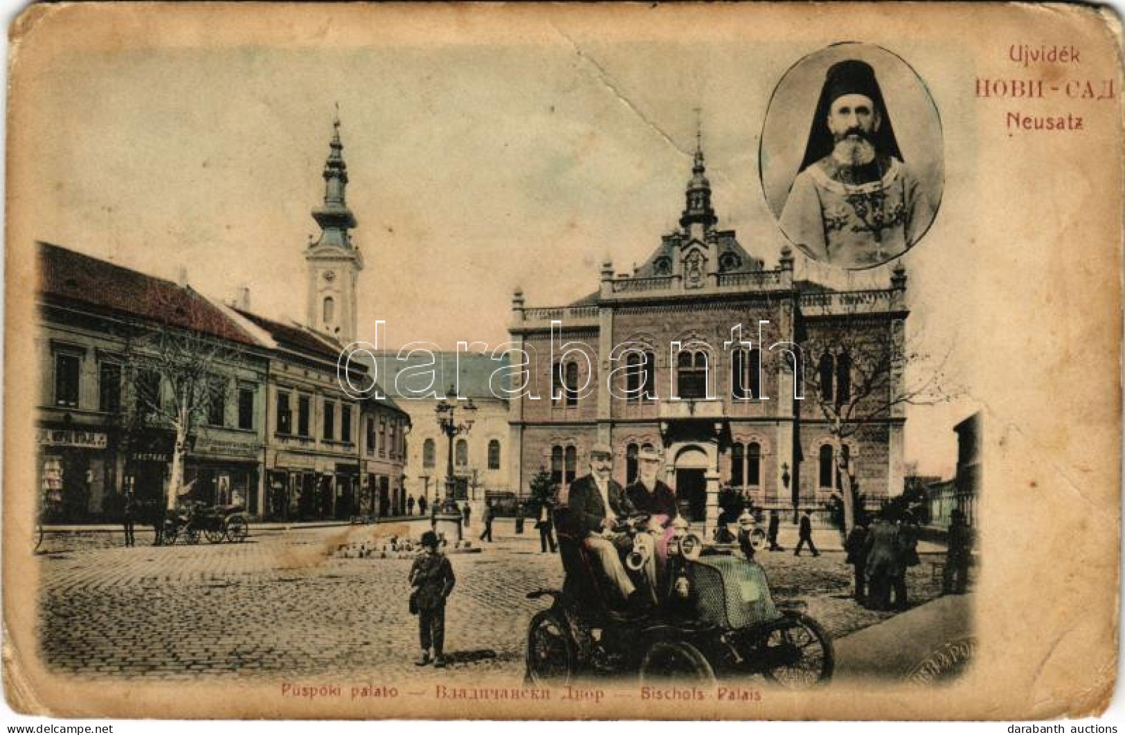 T4 1914 Újvidék, Novi Sad; Szerb Püspöki Palota, üzletek, Automobil / Serbian Bishop's Palace, Shops, Automobile (EM) - Ohne Zuordnung