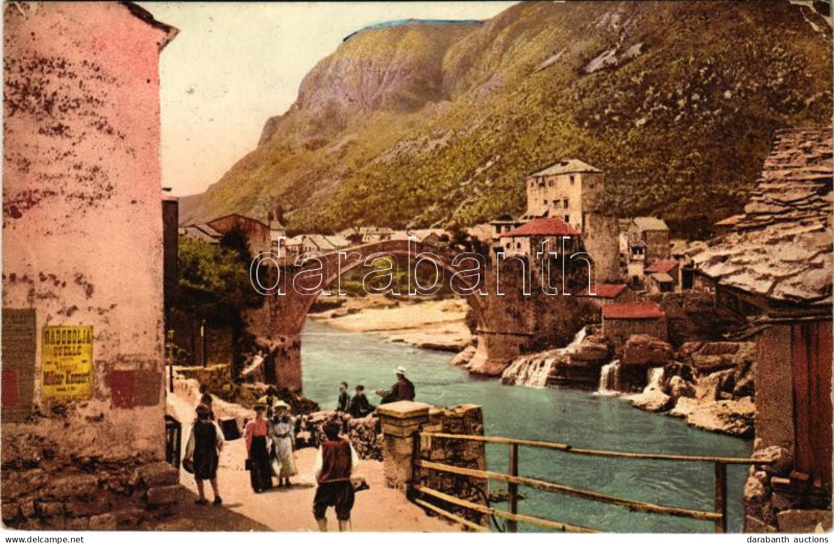 T3 1909 Mostar, Römerbrücke, Hum Im Hintergrunde, Radobolia Quelle / Bridge (EB) + "K. UND K. MILIT. POST MOSTAR" - Ohne Zuordnung