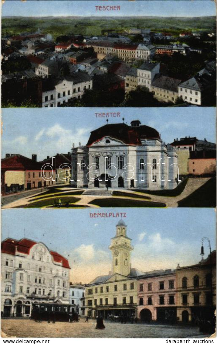 * T3 1913 Cieszyn, Teschen; Theater, Demelplatz / Theatre, Square (Rb) - Ohne Zuordnung