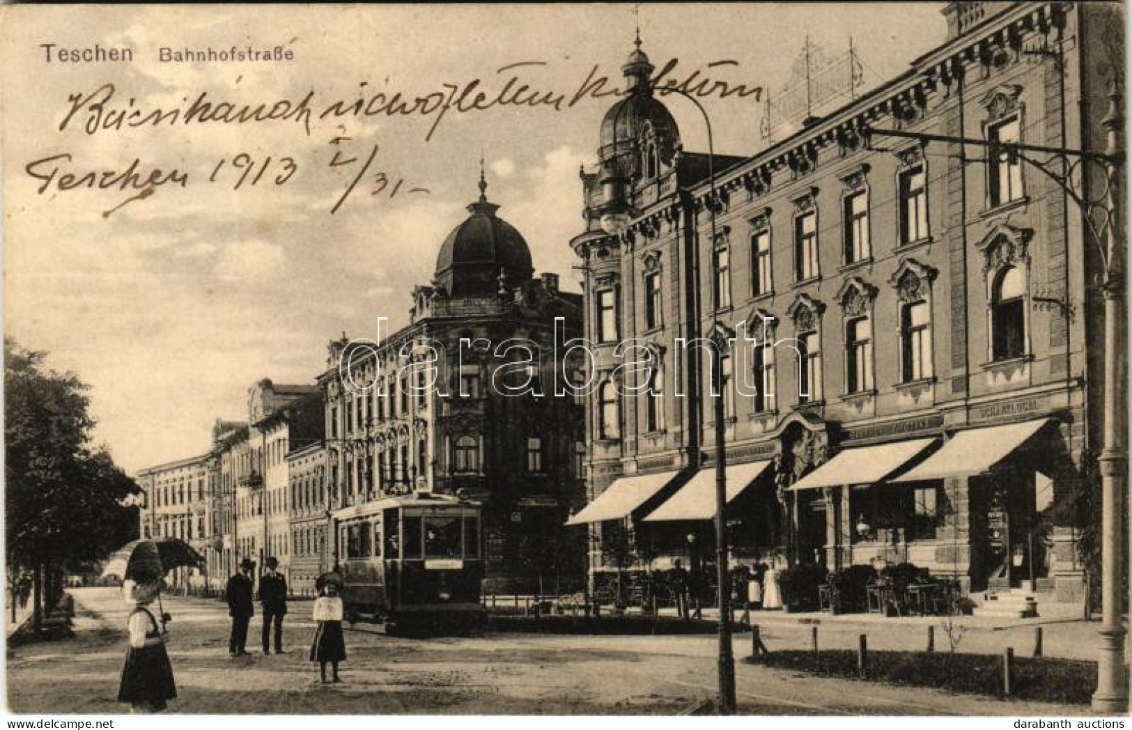 * T3/T4 1913 Cieszyn, Teschen; Bahnhofstrasse, Hotel Central Bahnhof E. Potyka, Schanklocal, Restaurant / Railway Street - Ohne Zuordnung