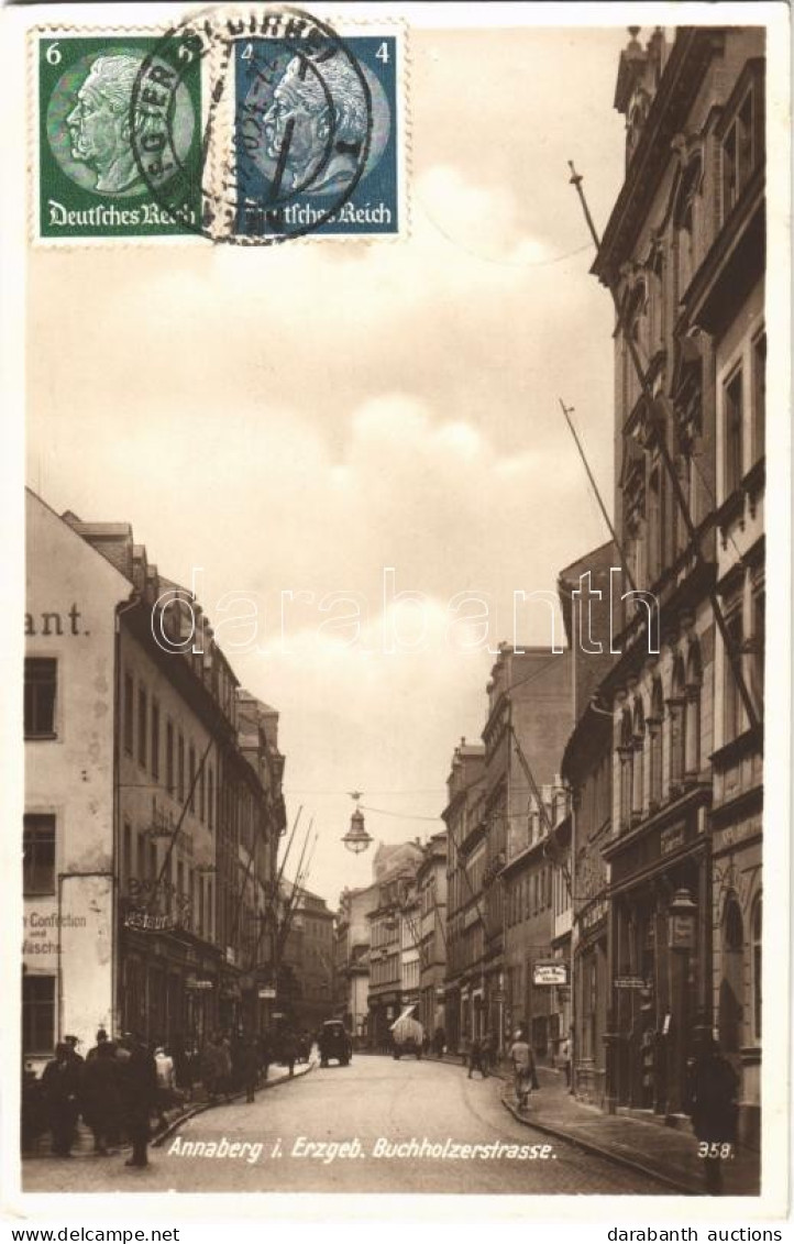 T2 1934 Annaberg, Annaberg-Buchholz; Buchholzerstrasse / Street View, Restaurant, Shops. TCV Card - Zonder Classificatie