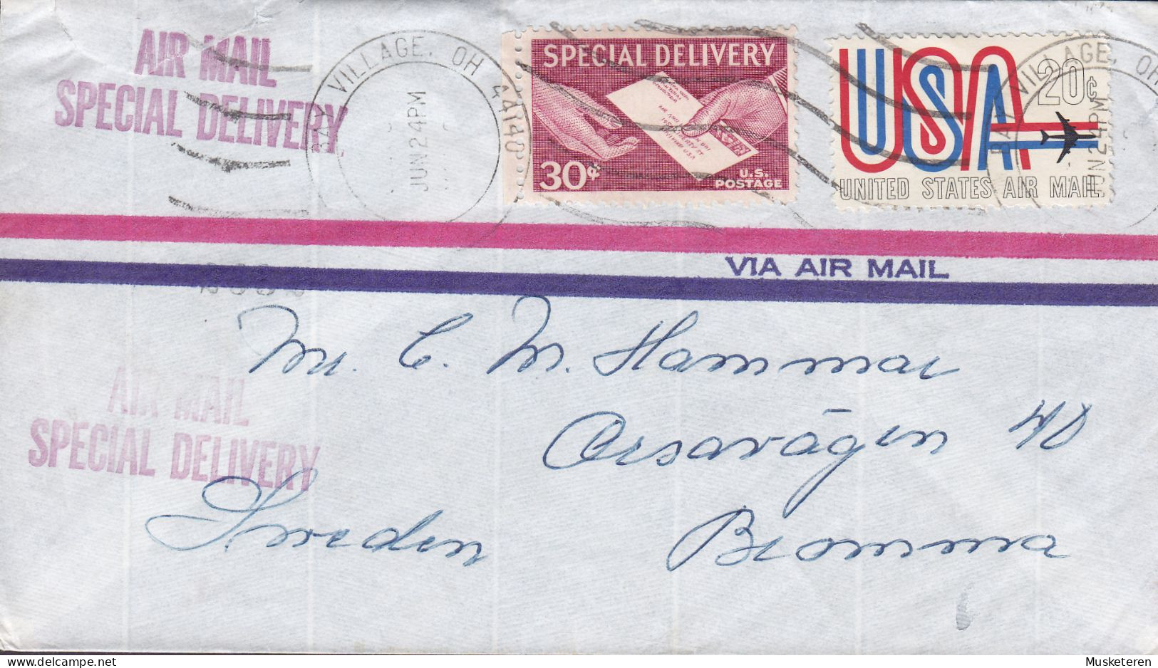 United States Air Mail Special Delivery BAY VILLAGE Ohio 1959 Cover Lettre BROMMA (Arr.) Sweden (2 Scans) - Special Delivery, Registration & Certified