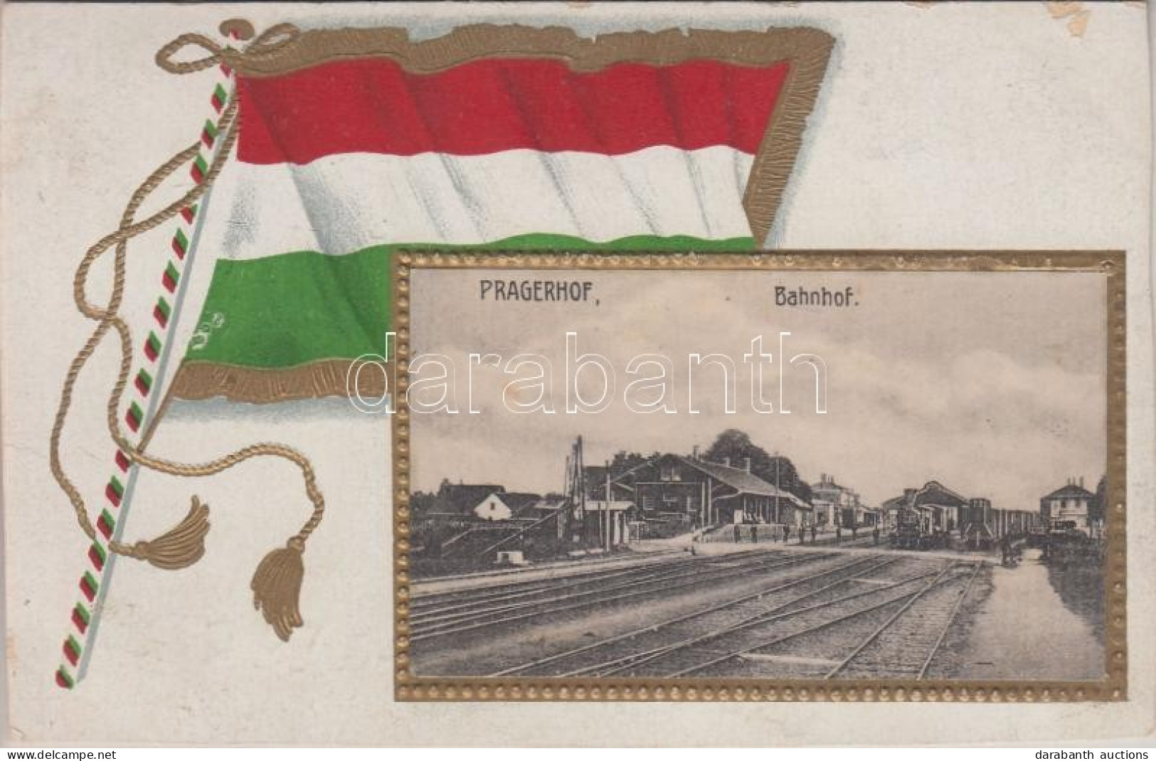 T4 1916 Pragersko, Pragerhof; Bahnhof. Verlag Amalie Churfürst No. 03140. / Railway Station. Hungarian Flag, Emb. Litho  - Ohne Zuordnung