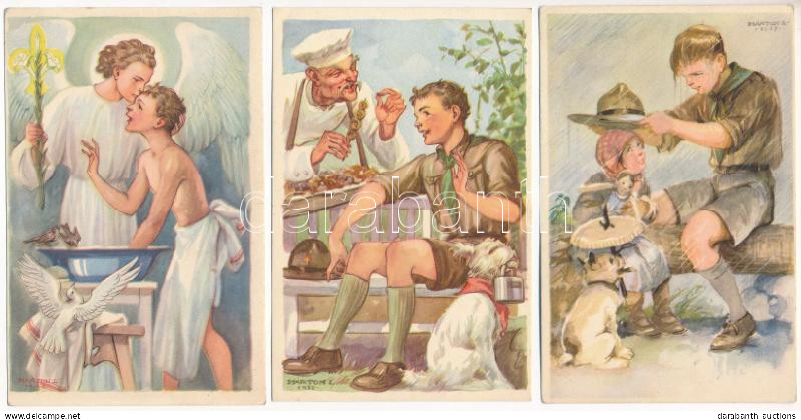 ** 3 Db RÉGI Márton L. Cserkész Képeslap / 3 Pre-1945 Hungarian Boy Scout Art Postcards - Non Classés