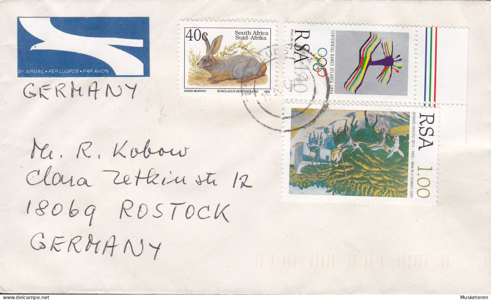 South Africa Air Mail Per Lugpos Label 1996? Cover Brief ROSTOCK Germany Hare Olympic Games Corner Margin Gerard Sekoto - Cartas & Documentos