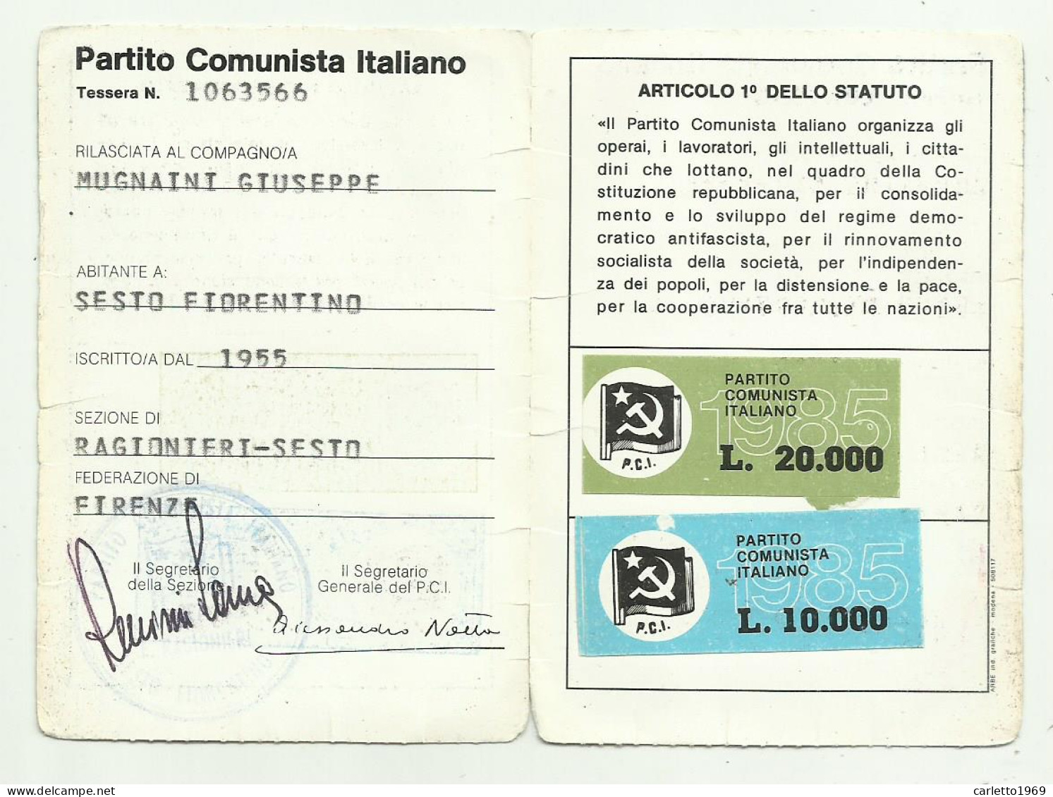 TESSERA PARTITO COMUNISTA 1985 - Mitgliedskarten