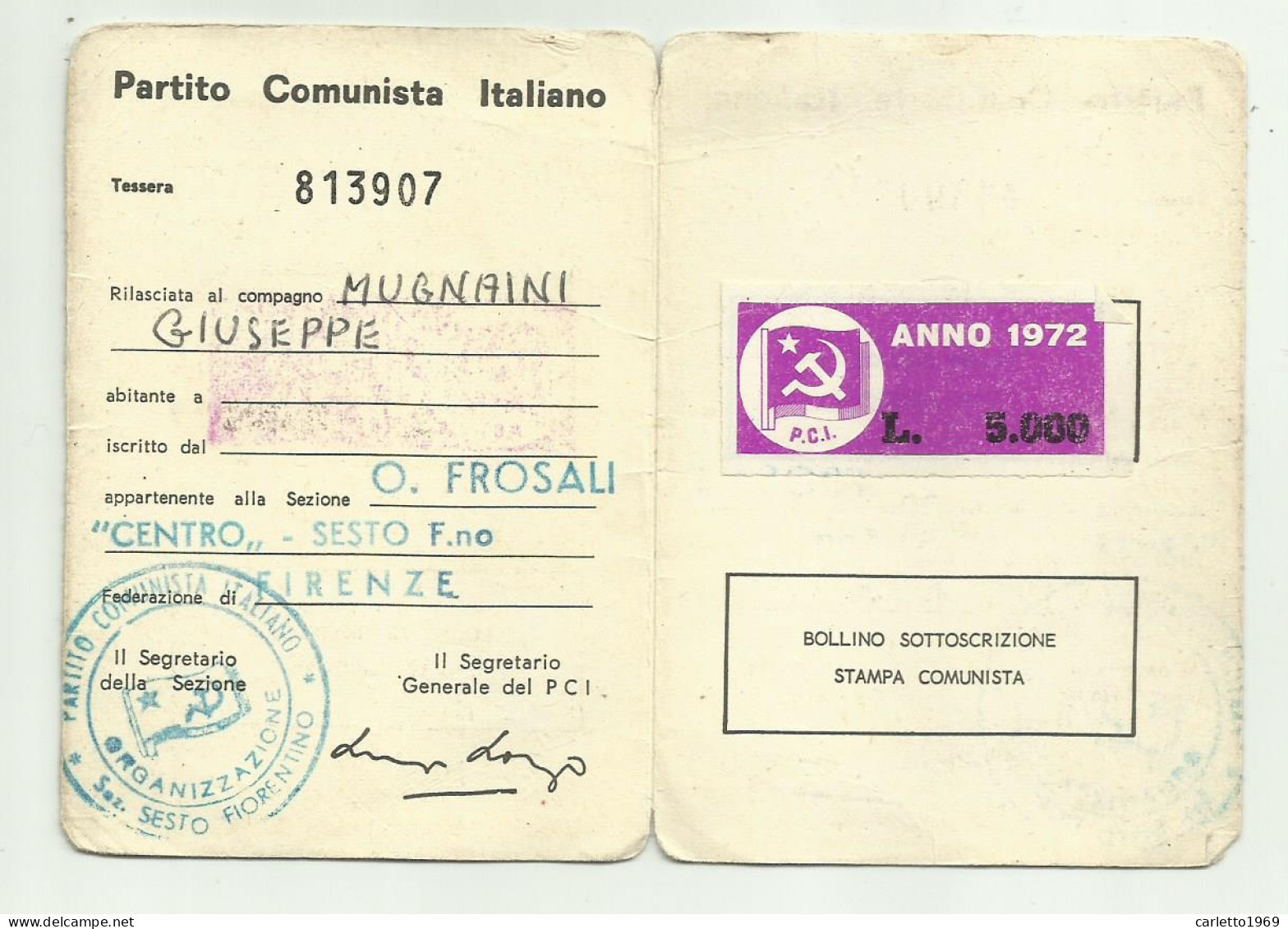 TESSERA PARTITO COMUNISTA 1972 - Tessere Associative