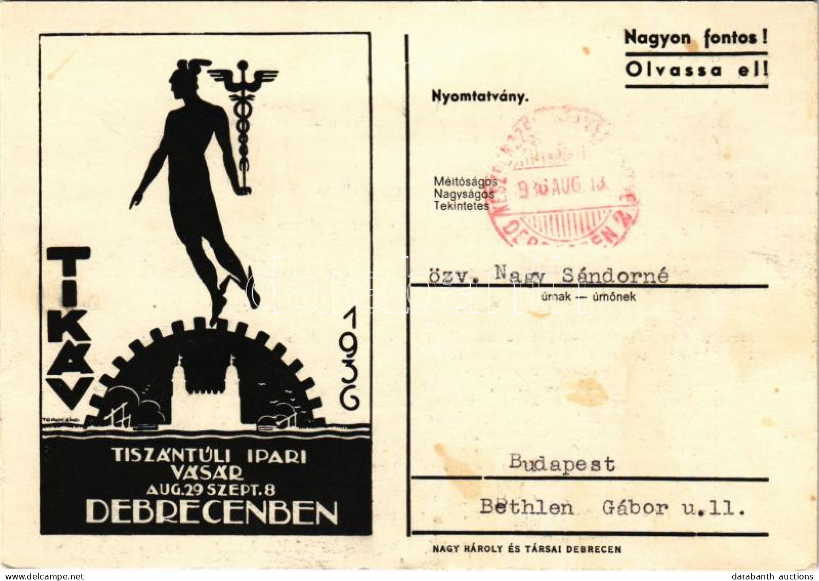 T2/T3 1936 TIKÁV - Tiszántúli Ipari Vásár Debrecenben. Nagy Károly és Társai Kiadása és Reklám S: Toroczkai (fl) - Non Classés