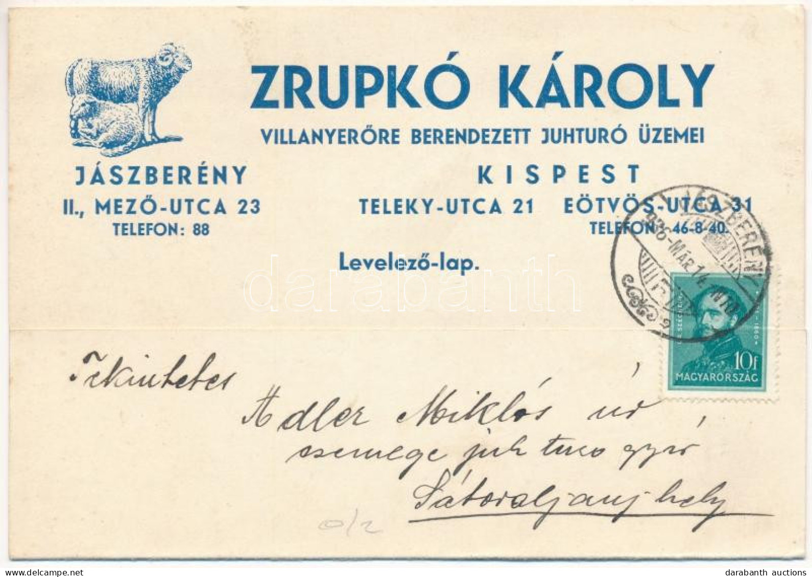 T2 1936 Zrupkó Károly Villanyerőre Berendezett Juhtúró üzemei Reklám. Jászberény, Mező Utca 23. - Unclassified