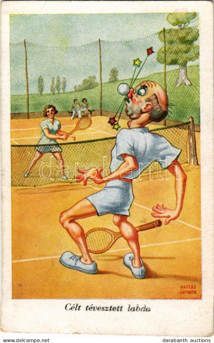 T2/T3 Célt Tévesztett Labda, Tenisz Humor / Tennis Humour Art Postcard S: Kaszás Jámbor (kis Szakadás / Small Tear) - Non Classés