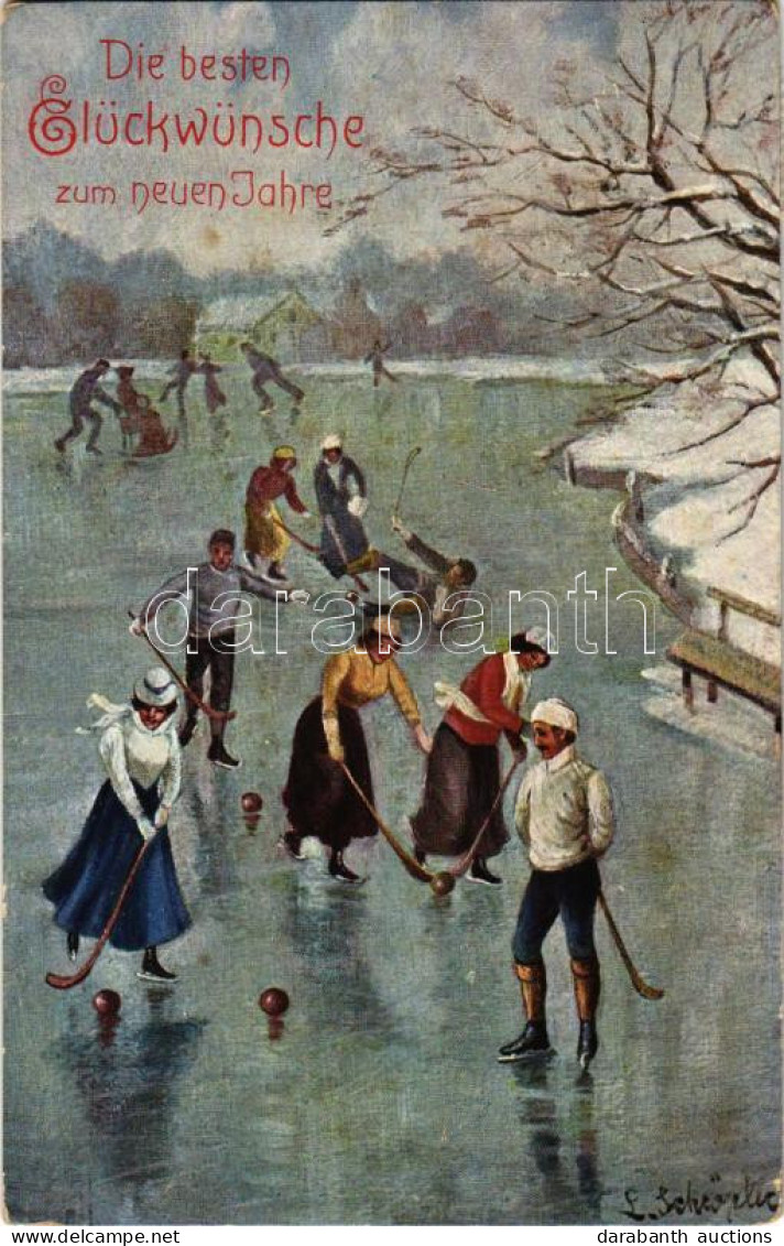 T2/T3 1909 Die Besten Glückwünsche Zum Neuen Jahre / New Year Greeting Art Postcard, Winter Sport, Ice Skating, Ice Hock - Ohne Zuordnung