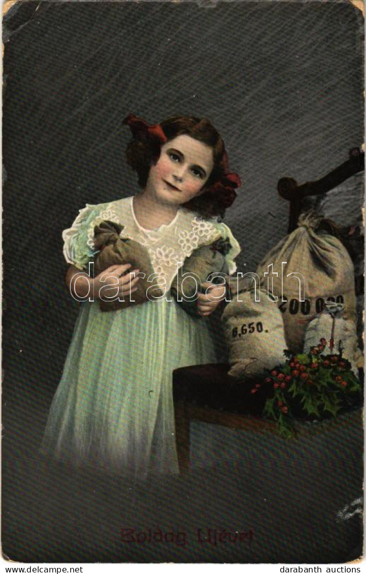 T2/T3 1913 Boldog újévet! Lány Pénzes Zsákokkal / New Year Greeting, Pigirl With Money Bags (EK) - Non Classés