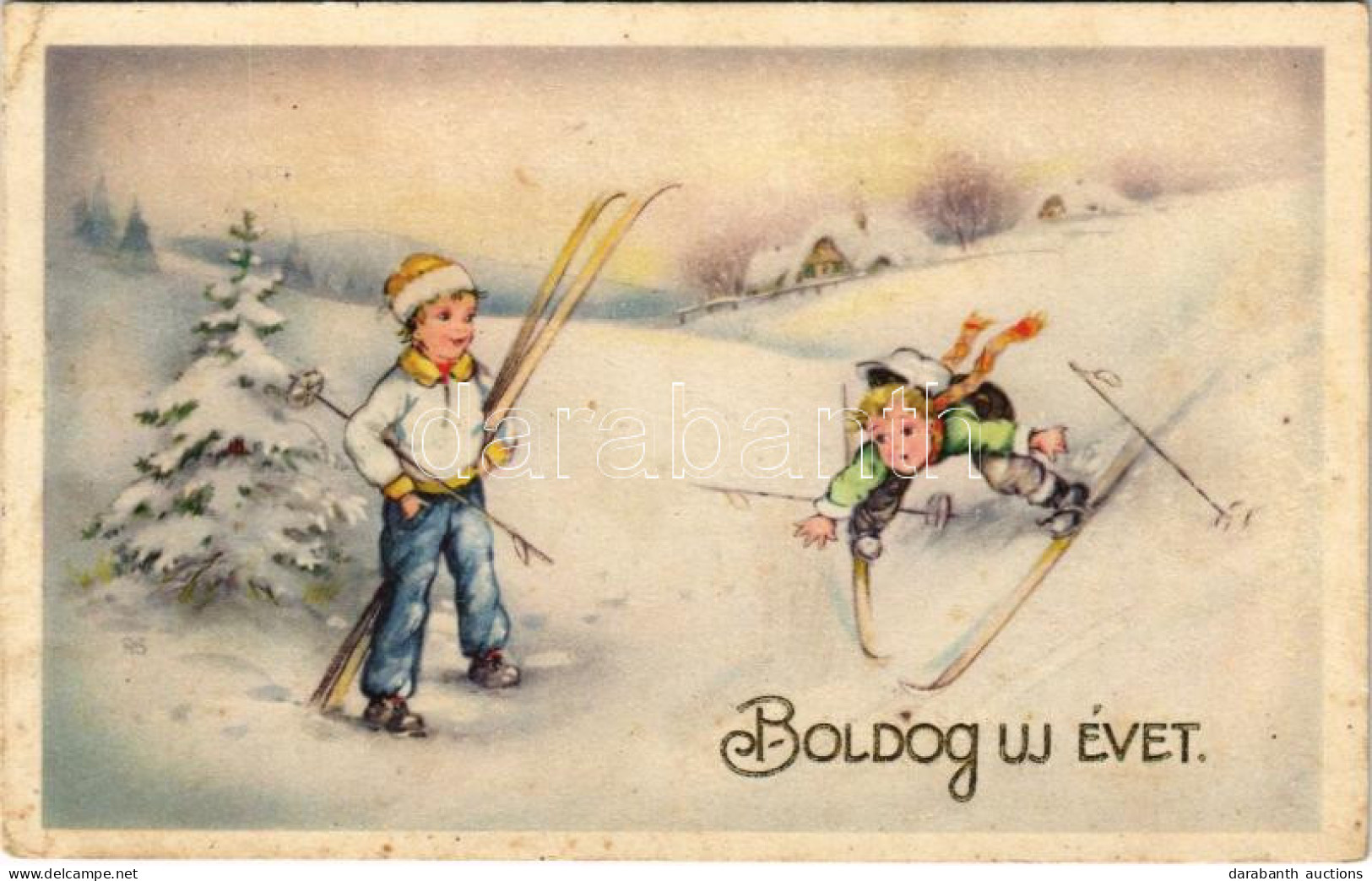 * T3 Boldog Új Évet, Síelő Gyerekek, Dombornyomott / New Year, Skiing Children Emb. (Rb) - Unclassified