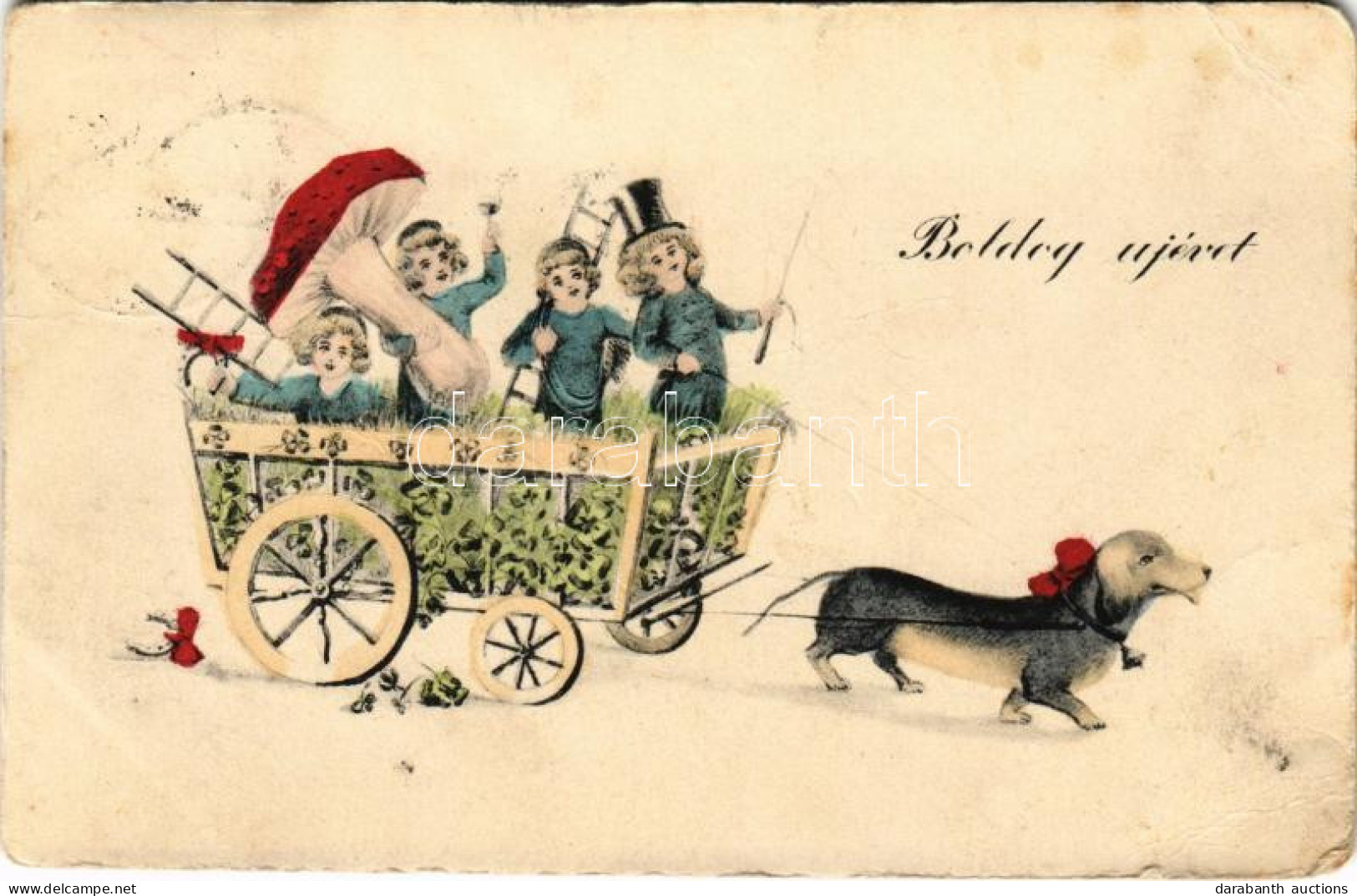 T3 1908 Boldog Újévet / New Year Greeting Art Postcard With Dachshund Dog, Chimney Sweeper Children, Mushroom And Clover - Unclassified