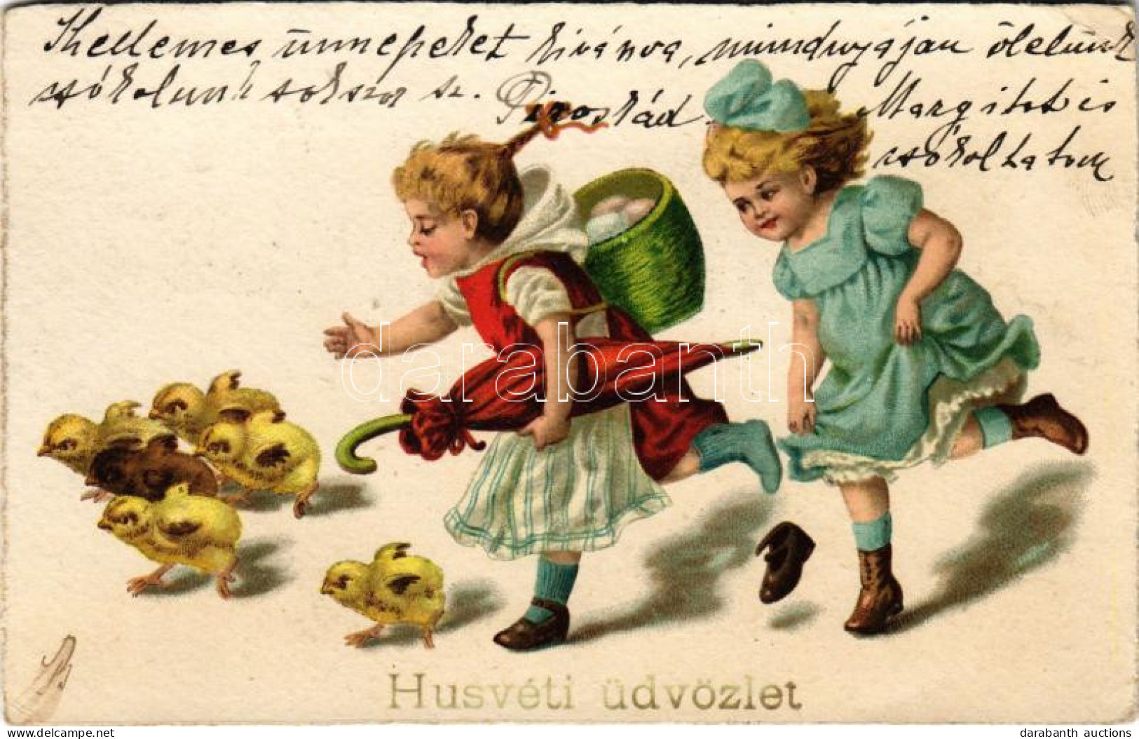 T2/T3 1930 Húsvéti üdvözlet / Easter Greeting Art Postcard With Girls, Eggs And Chicken (EK) - Zonder Classificatie