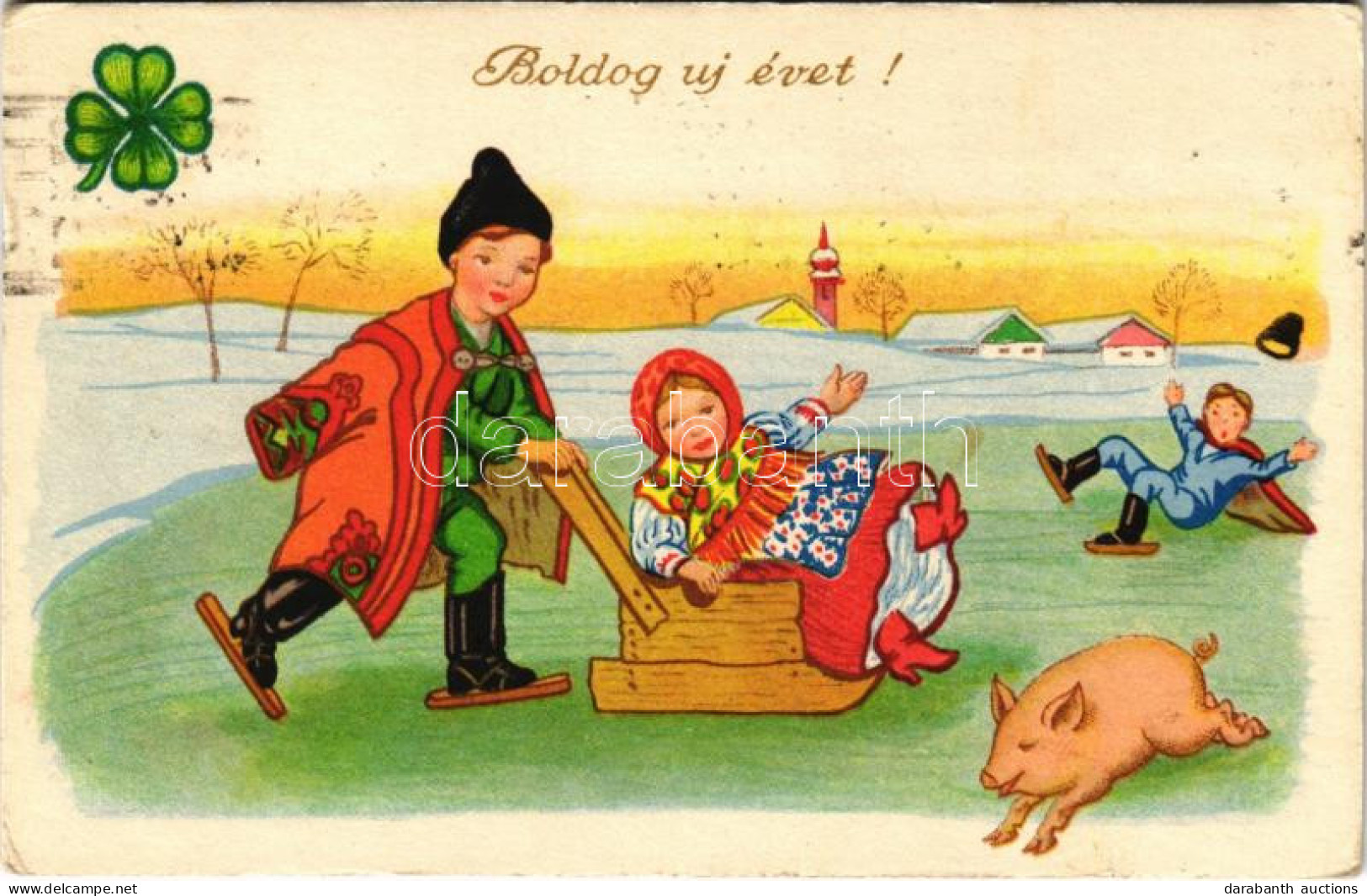 T2/T3 1939 Boldog Újévet / New Year Greeting Art Postcard With Sled, Ice Skate And Pig, Hungarian Folklore (EK) - Unclassified