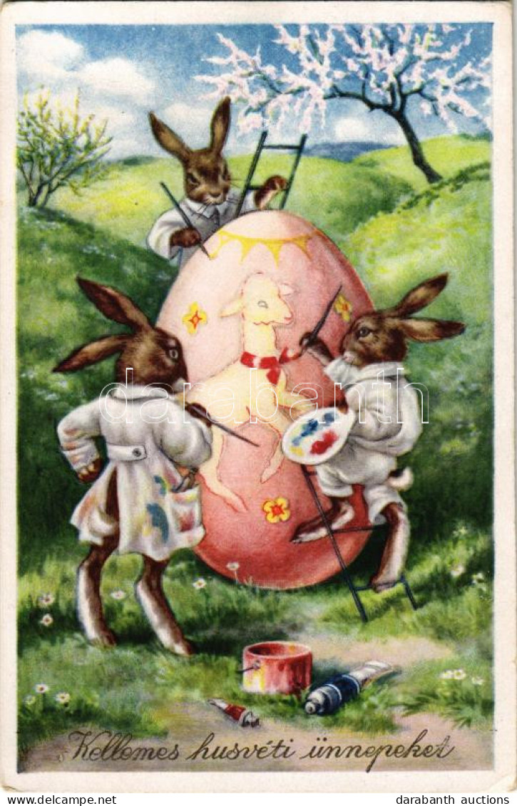 * T2/T3 Kellemes Húsvéti ünnepeket / Easter Greeting Art Postcard With Rabbits Painting An Egg. ERIKA Nr. 2096. (EK) - Ohne Zuordnung