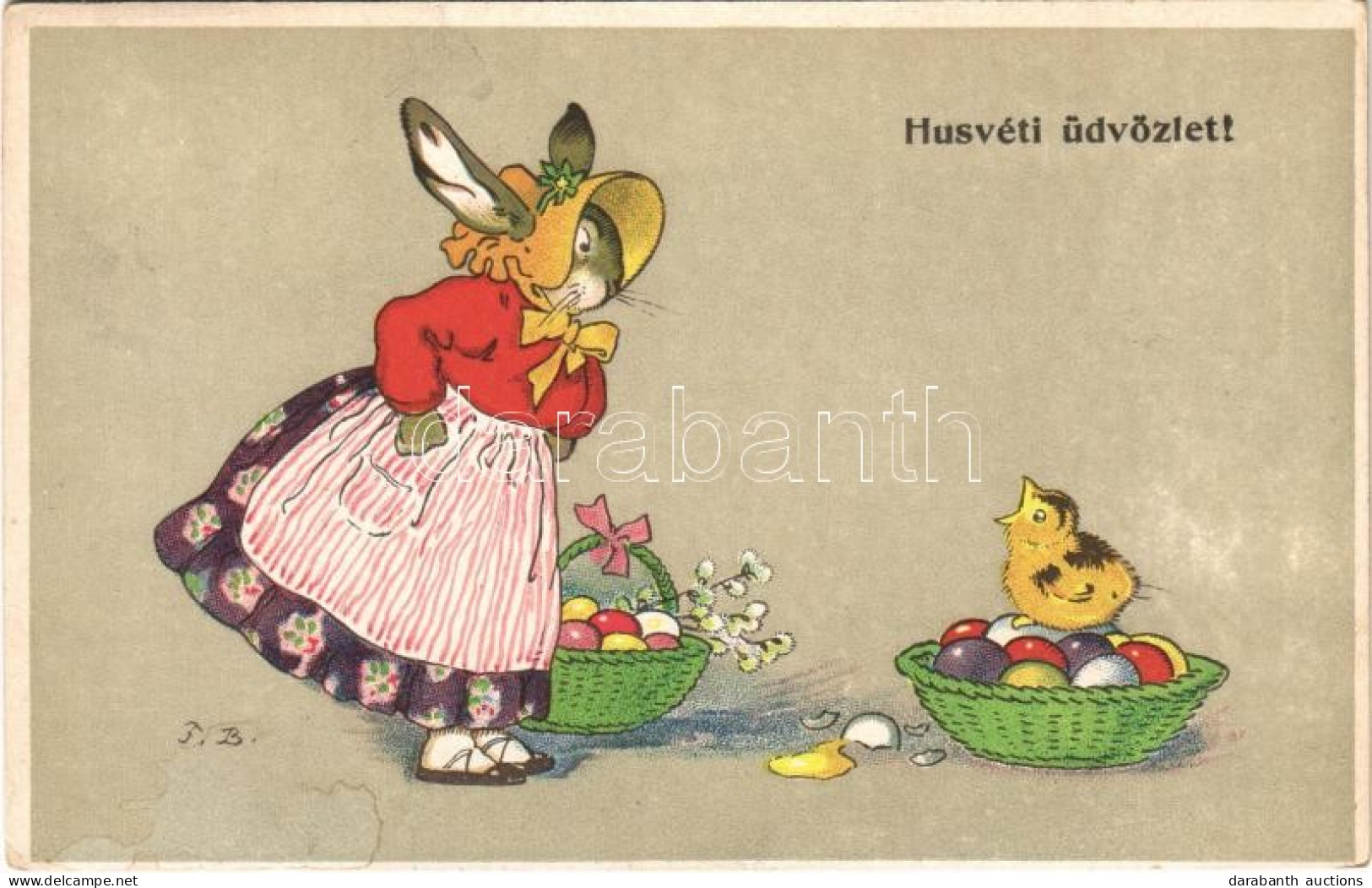 T2/T3 1923 Húsvéti üdvözlet / Easter Greeting Card, Rabbit With Chicken And Eggs. Serie 308. S: F. B. (EK) - Ohne Zuordnung