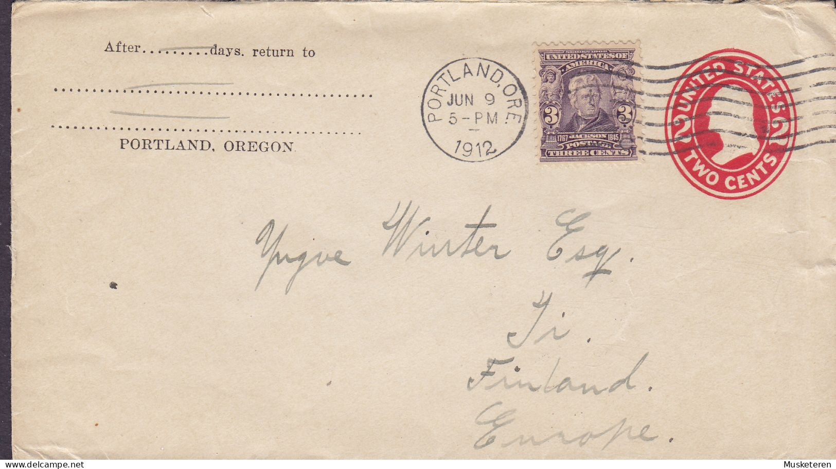United States Uprated Postal Stationery Ganzsache PORTLAND, Oregon 1912 LI (Arr.) Finland 3c Andrew Jackson (Mi. 140 XA) - 1901-20