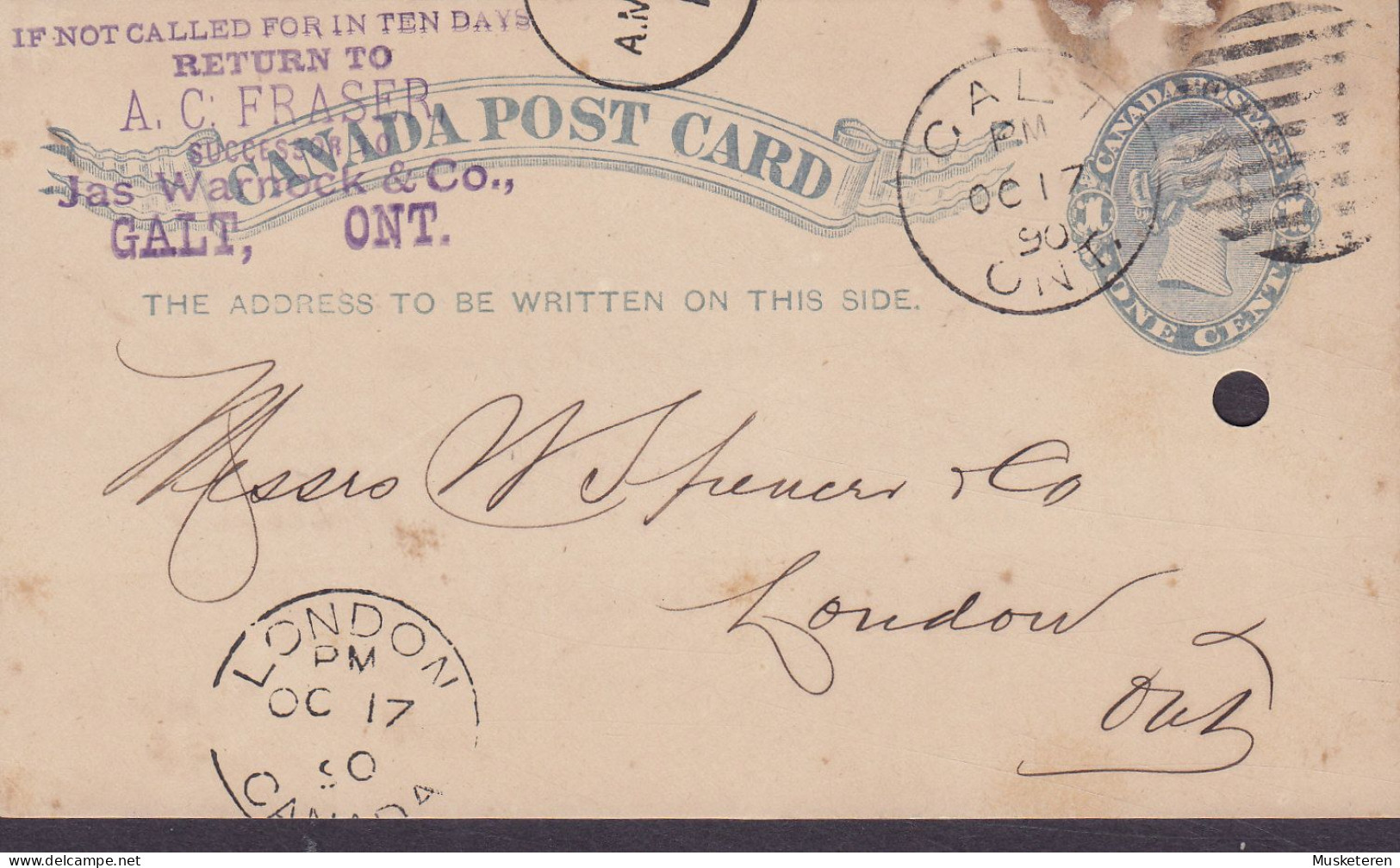 Canada POstal Stationery Ganzsache Entier ONE CENT Victoria JAS WARNECK & Co. GALT Ont. 1890 LONDON Ont (Arr.) - 1860-1899 Reign Of Victoria