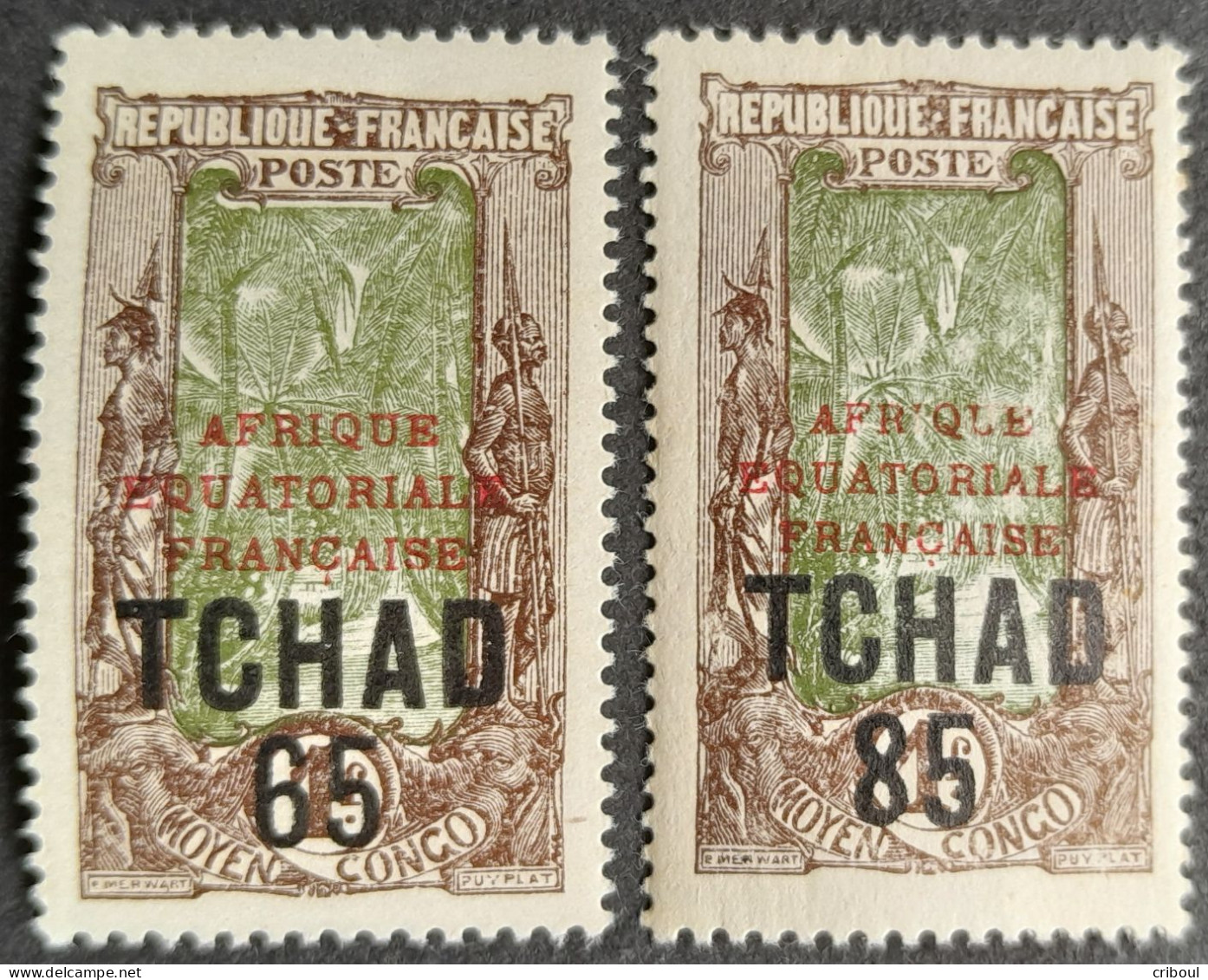 Tchad Chad 1925 Arbre Cocotier Tree Surchargé Overprinted AFRIQUE EQUATORIALE FRANCAISE TCHAD Yvert 45 46 * MH Adhérence - Ongebruikt