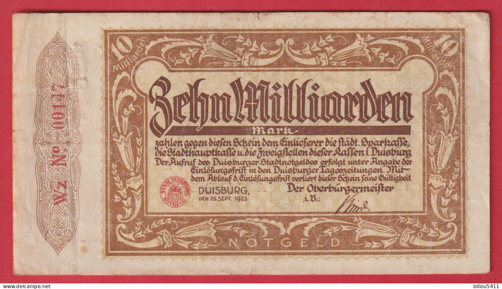 Billet De 10 Milliarden Mark " Duisburg " 1923 - 10 Miljard Mark