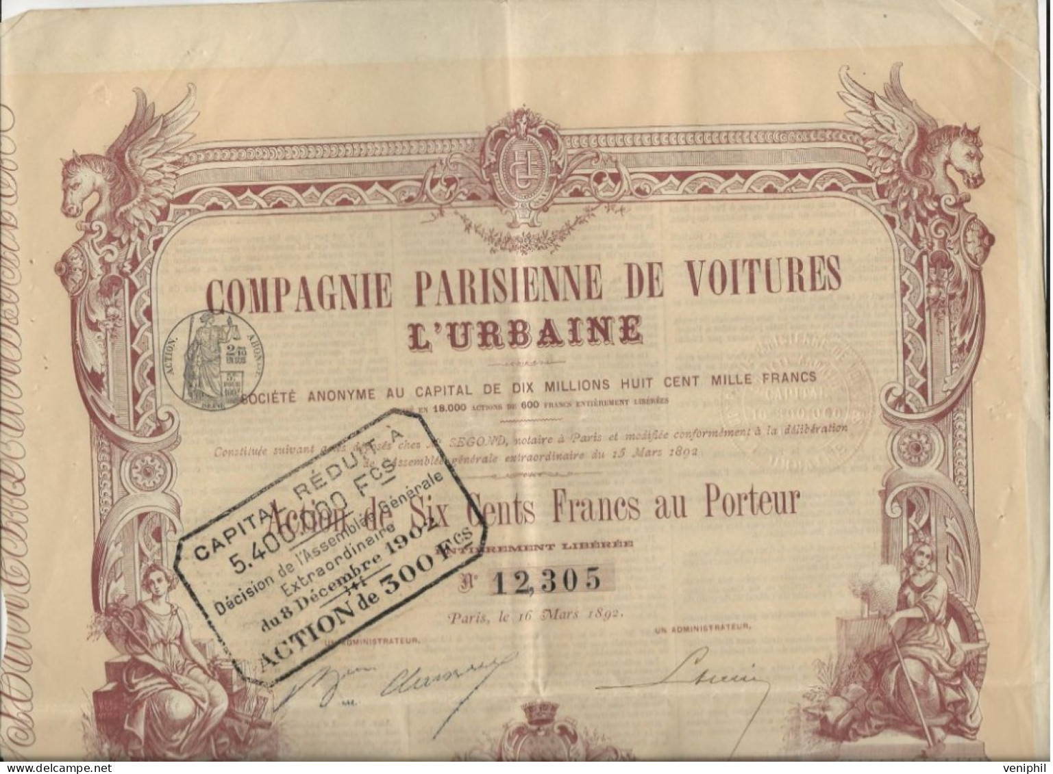 COMPAGNIE PARISIENNE DE VOITURES L- ACTION ILLUSTREE DE SIX CENTS FRANCS - ANNEE 1892 - Cars