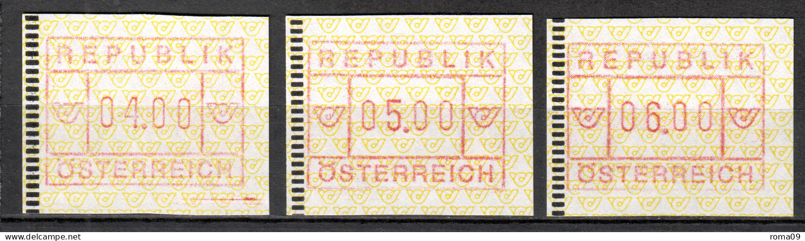 MiNr. ATM 2 (3x), Freimarke: Posthorn, Inschrift „REPUBLIK“ Breit; Postfrisch (**) - Machine Labels [ATM]