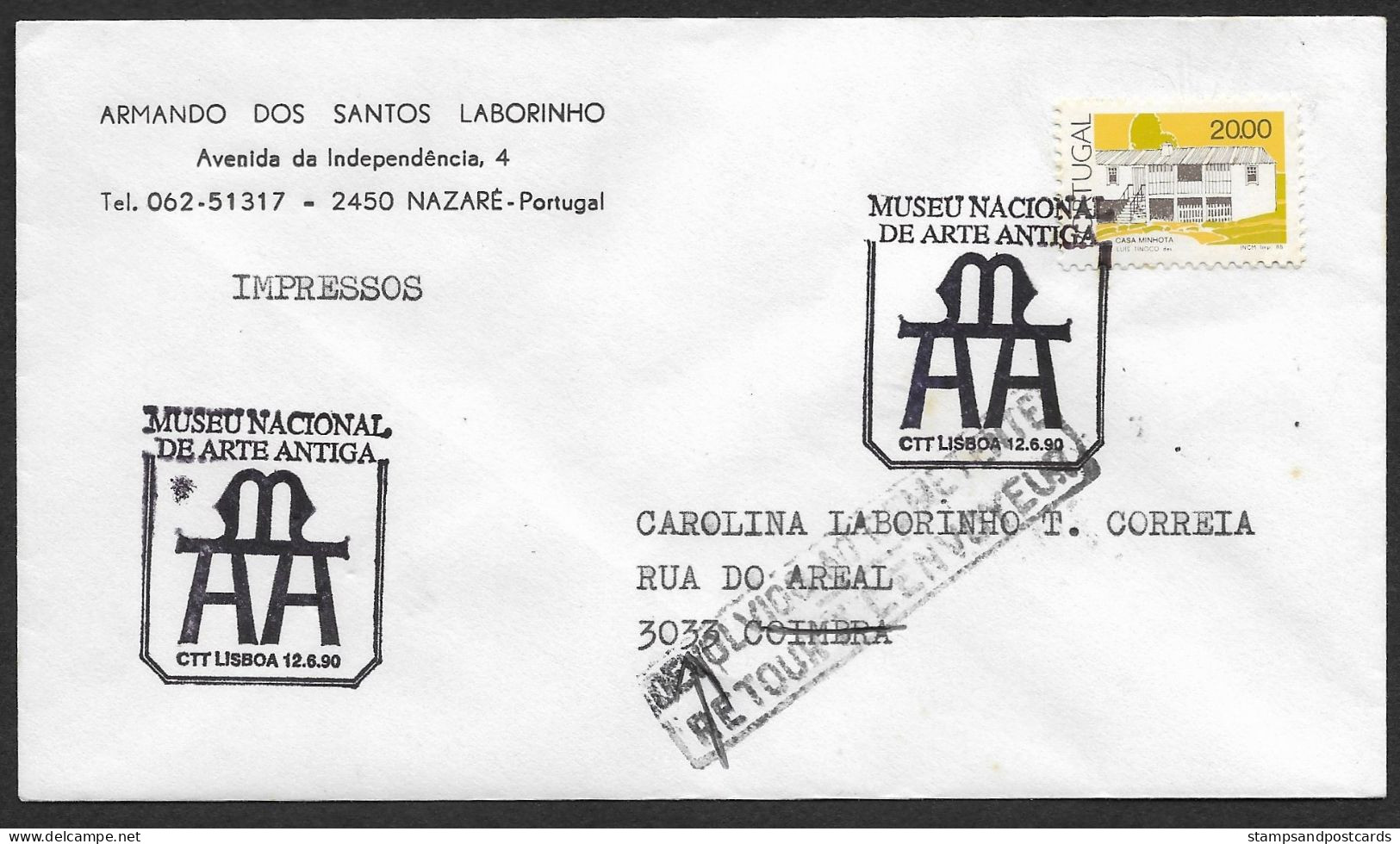 Portugal Lettre Retourné Coimbra 1990 Cachet Commemoratif Musée Art Ancienne Ancient Art Museum Event Pmk Returned Cover - Flammes & Oblitérations