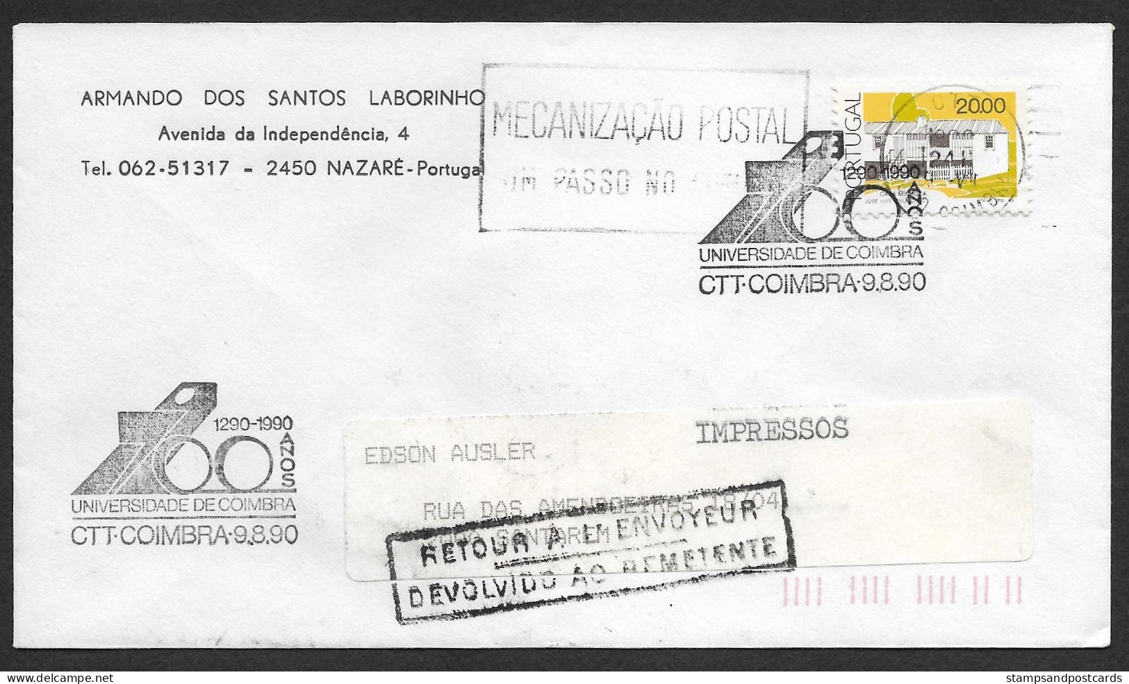 Portugal Lettre Retourné 1990 Cachet Commemoratif Université Coimbra University Event Pmk Returned Cover - Annullamenti Meccanici (pubblicitari)