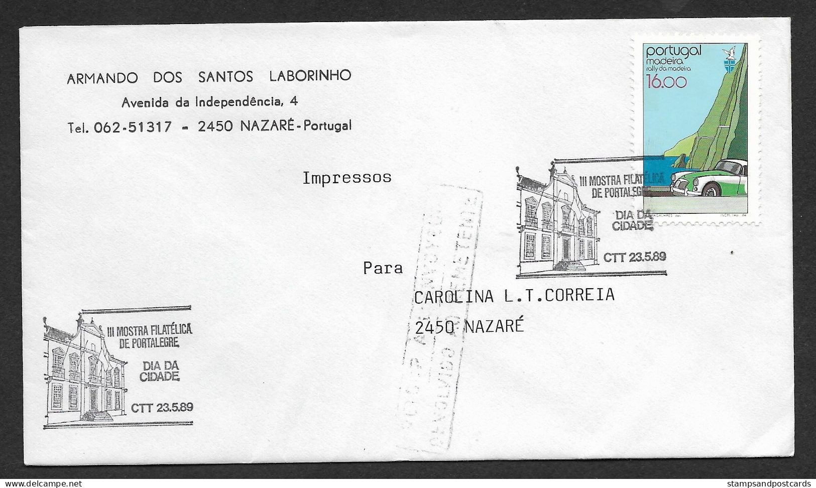 Portugal Lettre Retourné 1989 Cachet Commemoratif Expo Philatelique Portalegre A Nazaré Event Pmk Returned Cover - Flammes & Oblitérations