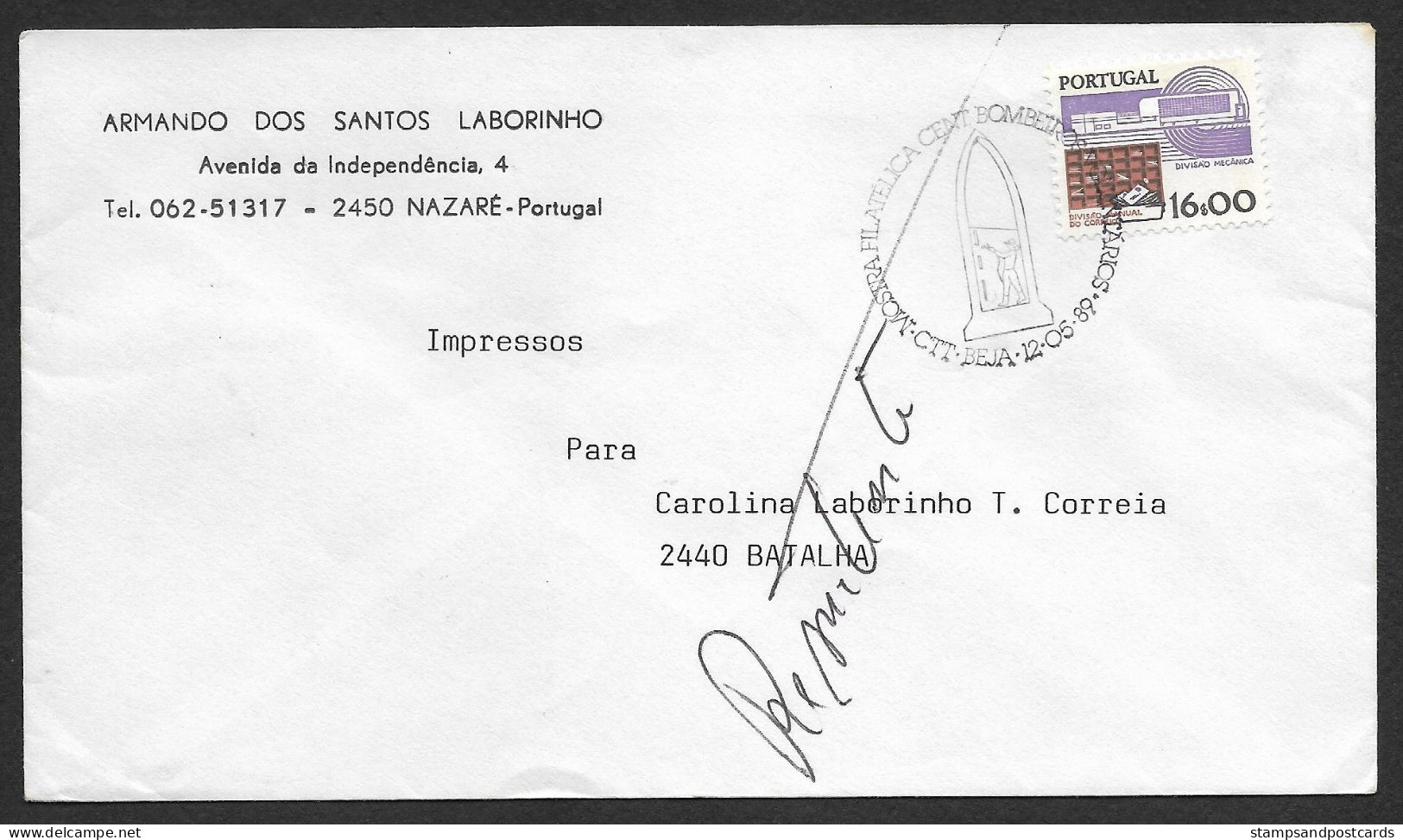 Portugal Lettre Retourné 1989 Cachet Commemoratif Sapeurs-Pompiers Beja Alentejo Event Pmk Firefighters Returned Cover - Sapeurs-Pompiers