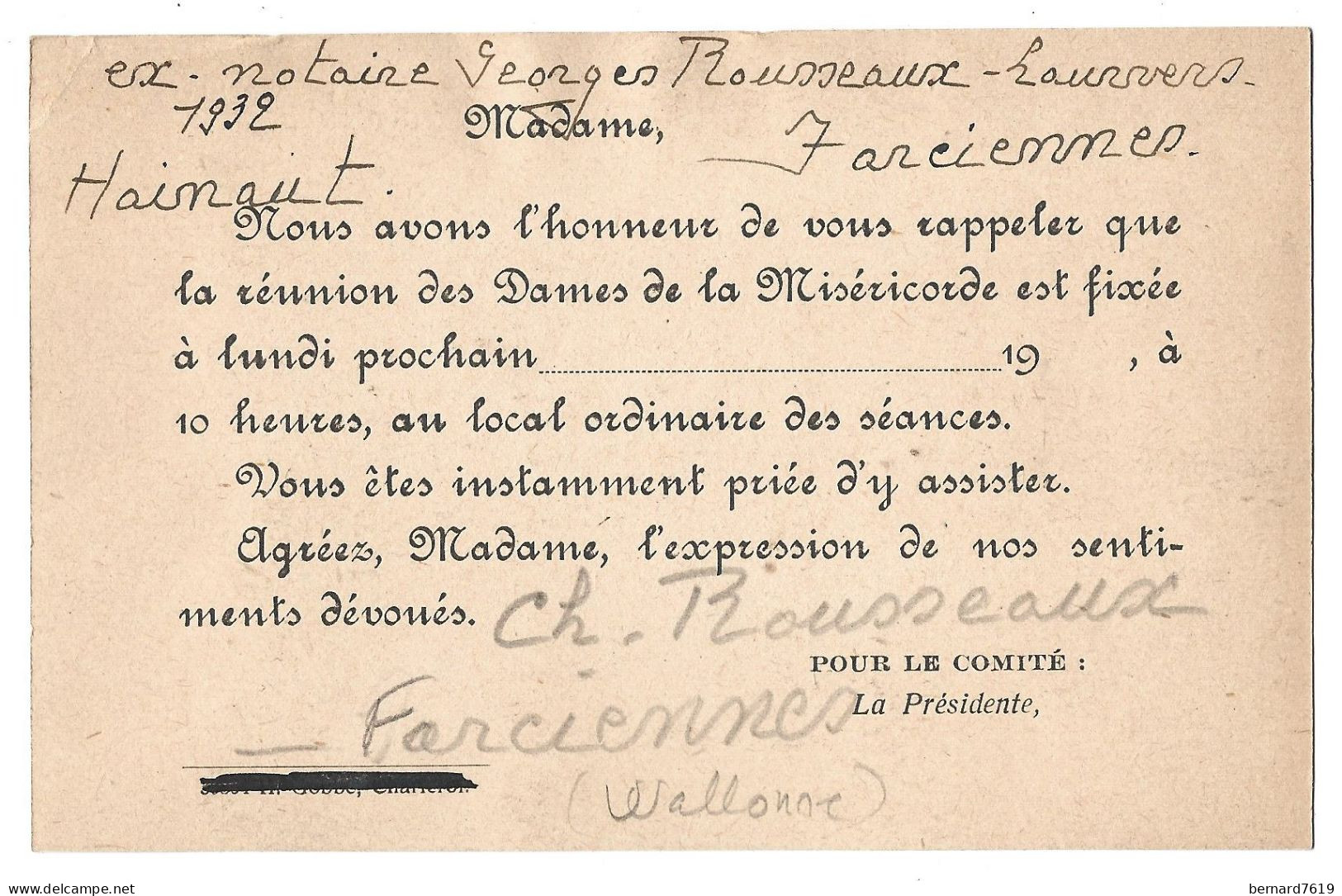 Belgique     -  Farciennes  -  Chateau Rousseaux - Verso  Avis  Dames  De La Mesricorde - Farciennes