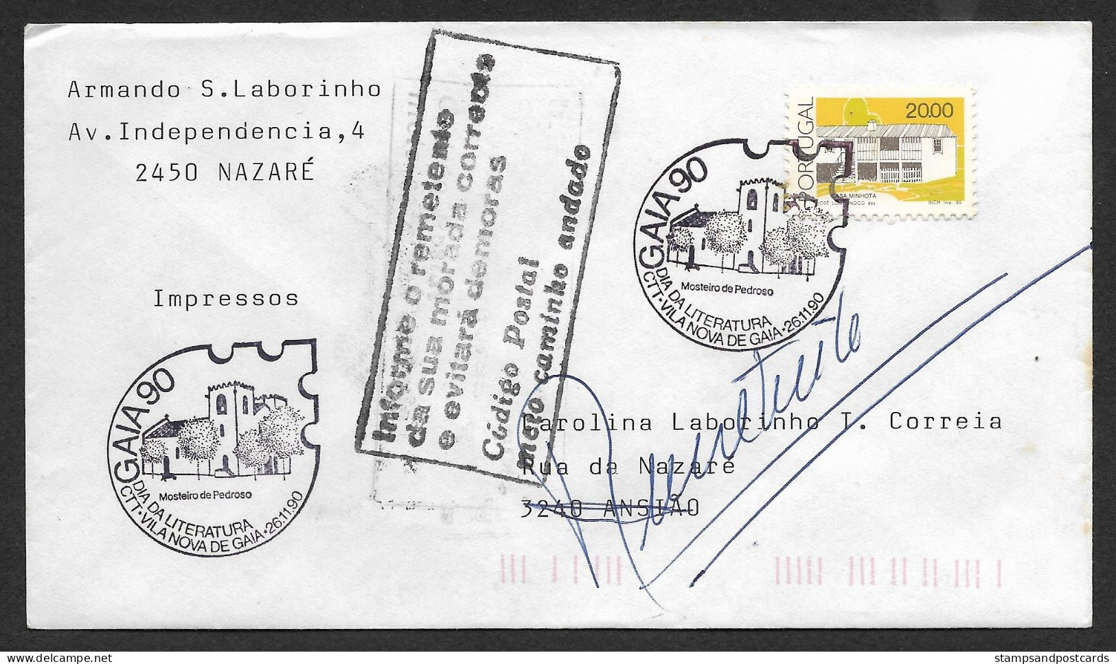 Portugal Lettre Retourné 1990 Cachet Commemoratif  Expo Philatelique Vila Nova De Gaia Event Pmk Returned Cover - Maschinenstempel (Werbestempel)